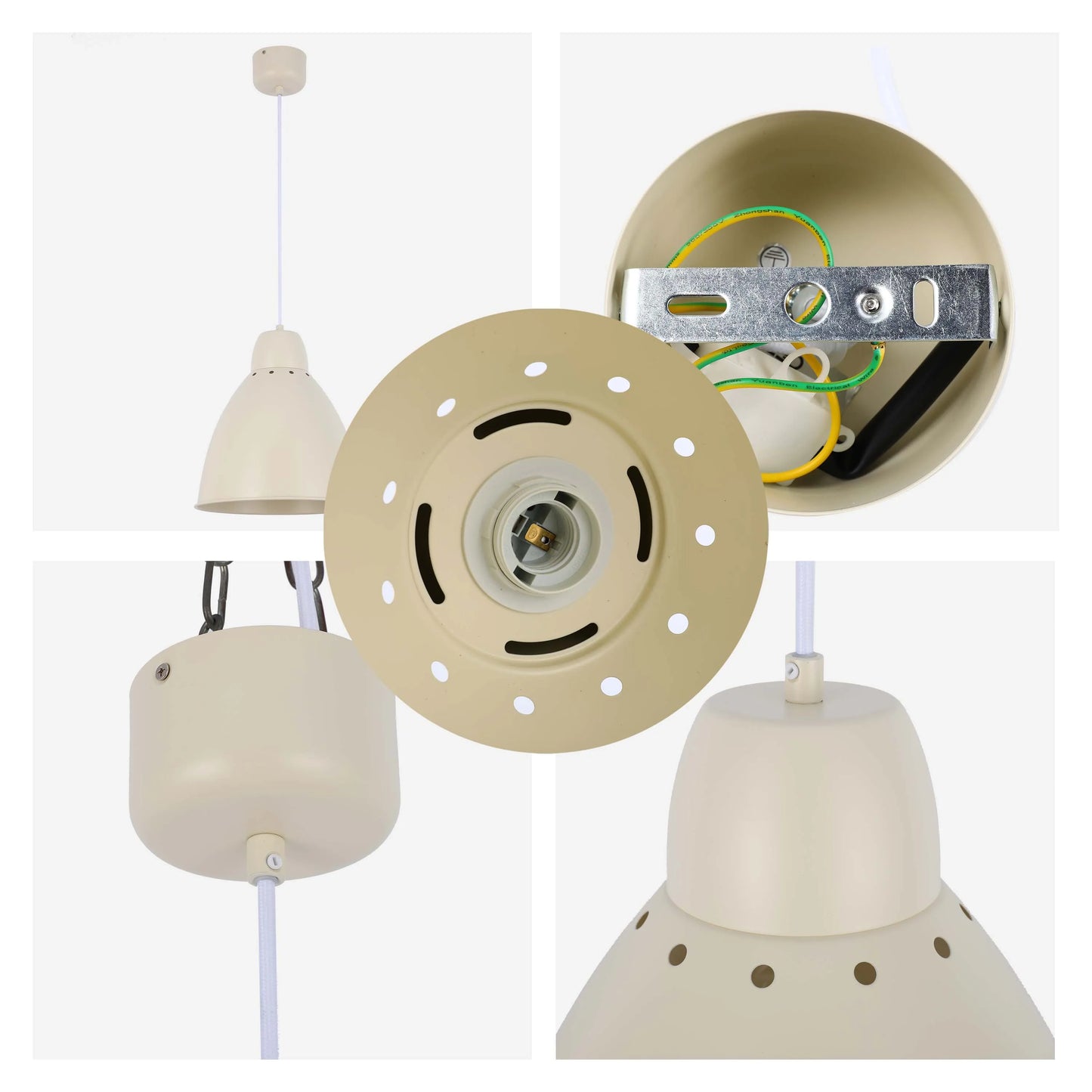 Beige pendant light fixture with vents and white cord. Multiple close ups of the ceiling rose and wiring.