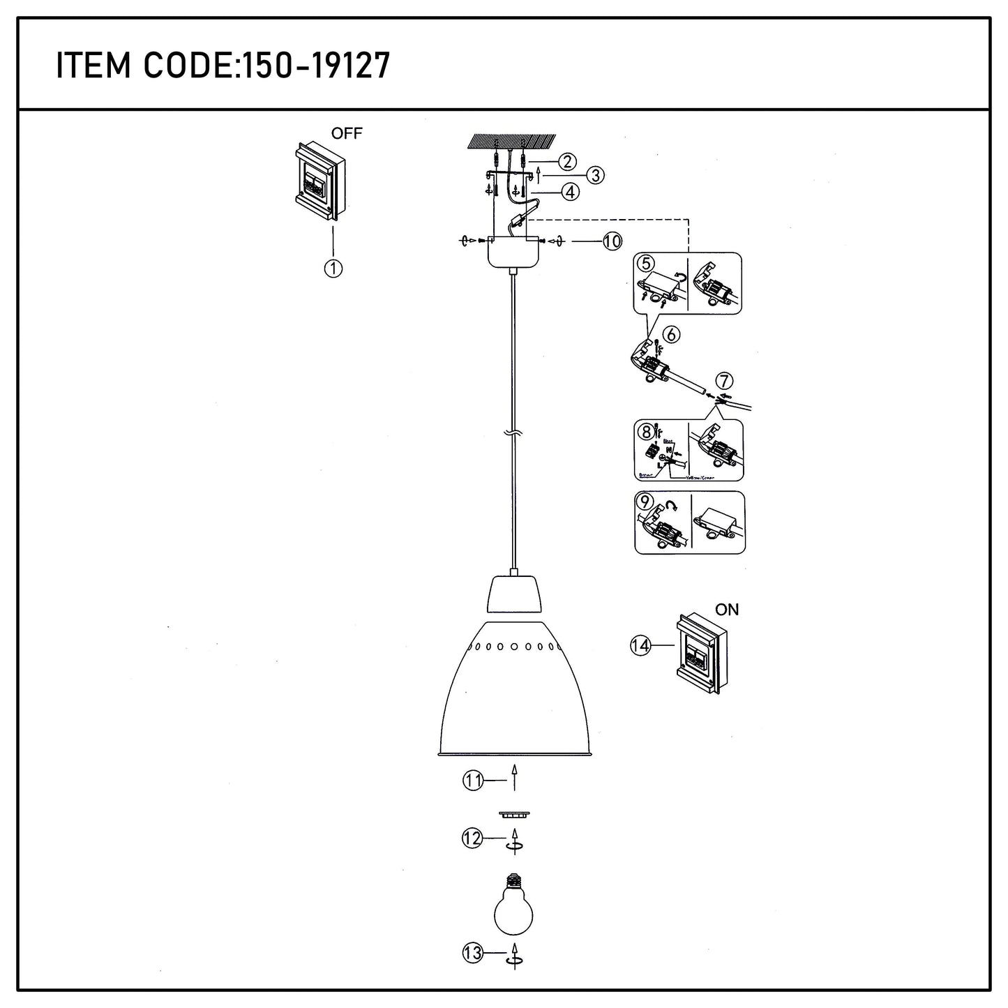 Technical drawing of a pendant light showing how to install, including the bulb, wiring to the mains, and switch positions.