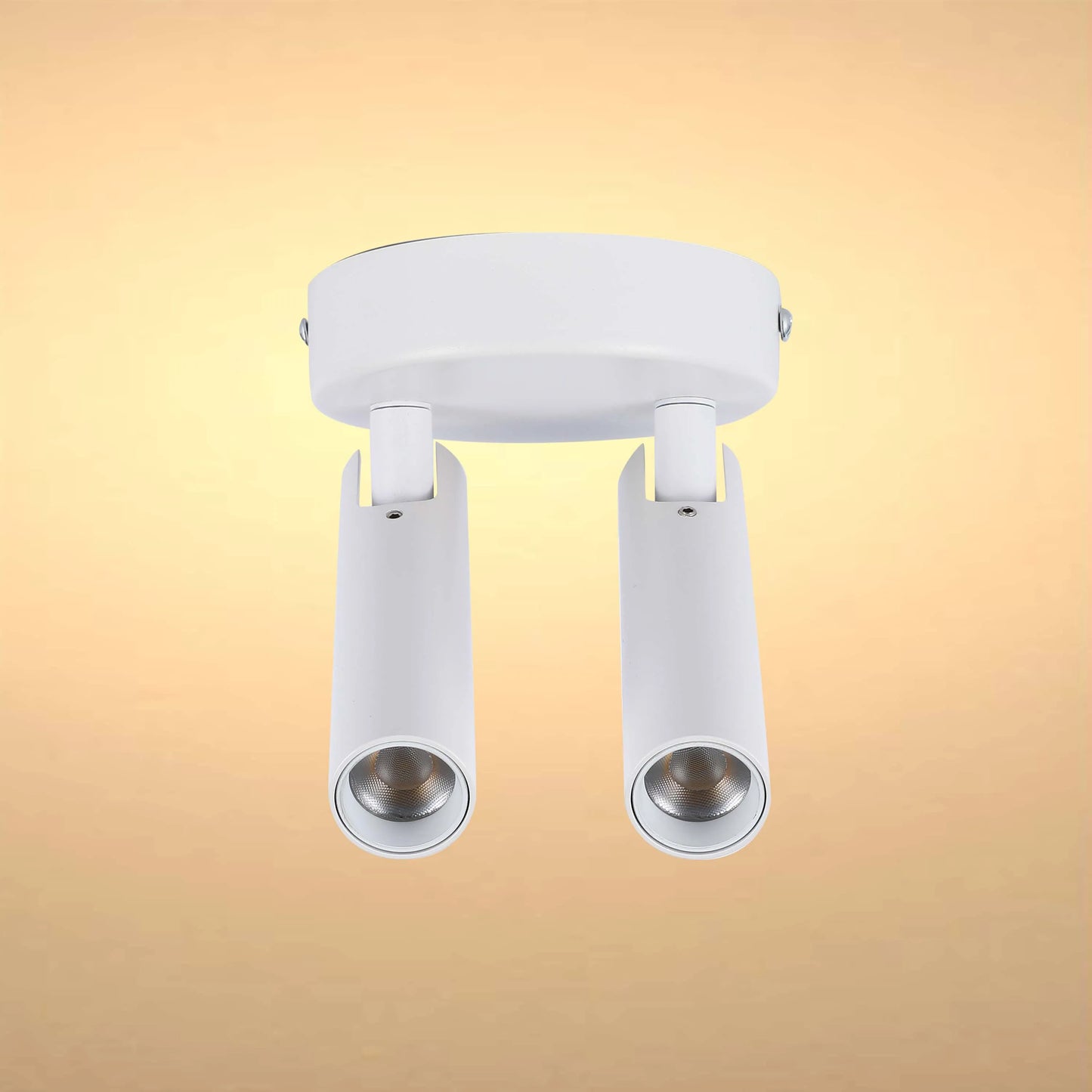 A white, modern, twin spotlight fitting with adjustable heads. Stylish and practical for any room.