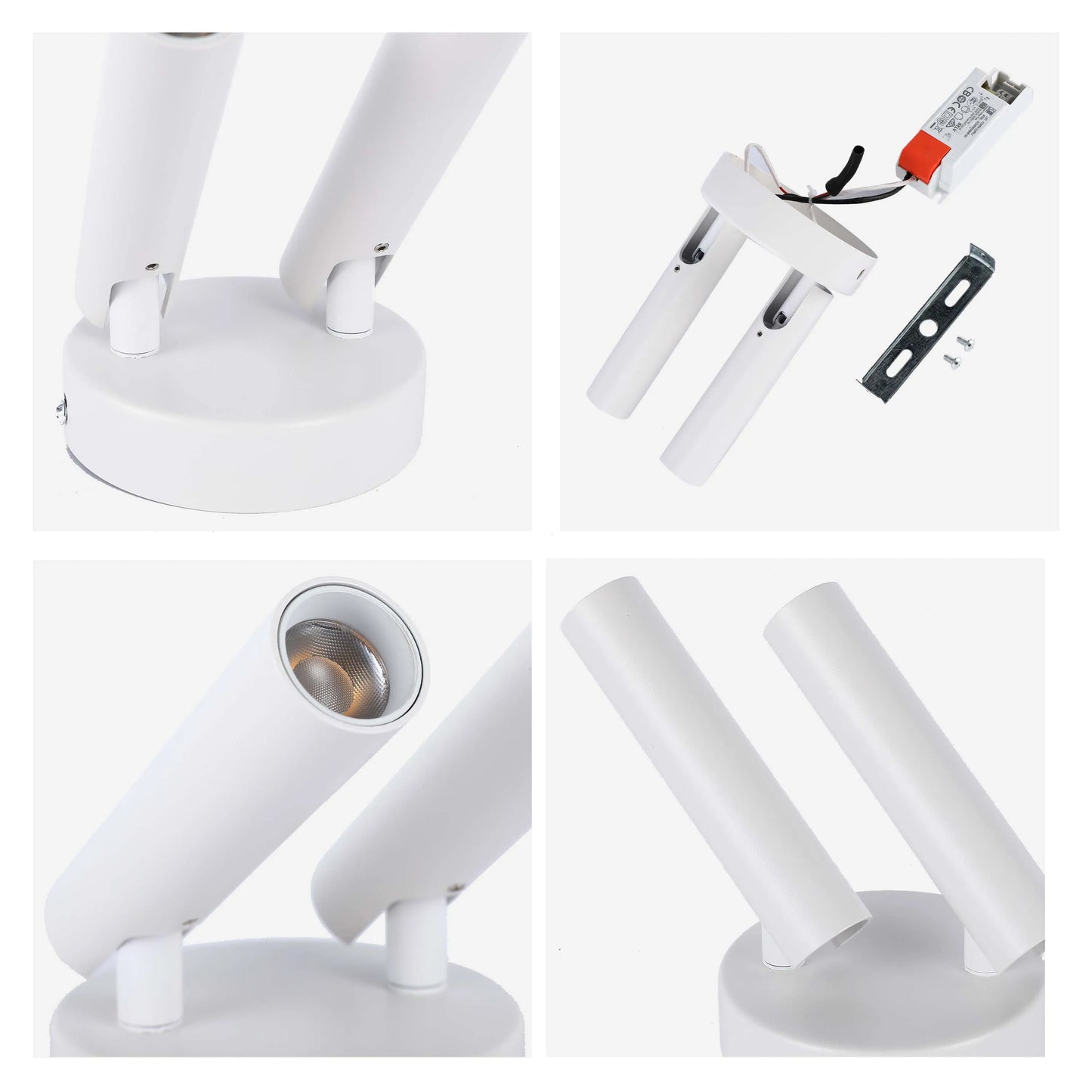 A modern, white double spotlight featuring adjustable cylindrical heads and a minimalist design. Ideal for directional lighting in any room.