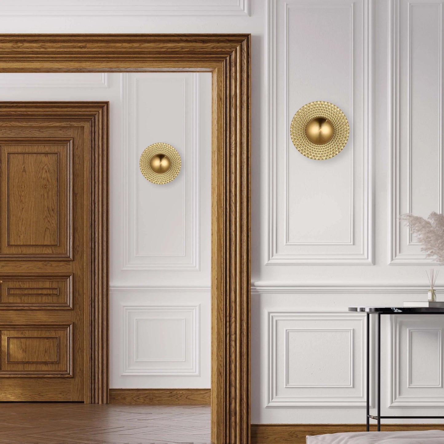 Interior lit by two gold wall sconces. The room is bright and airy, creating a welcoming atmosphere.