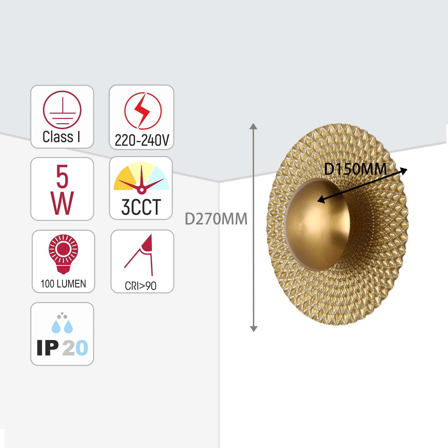 A gold coloured wall light, with measurements and technical information. Suitable for indoor use.