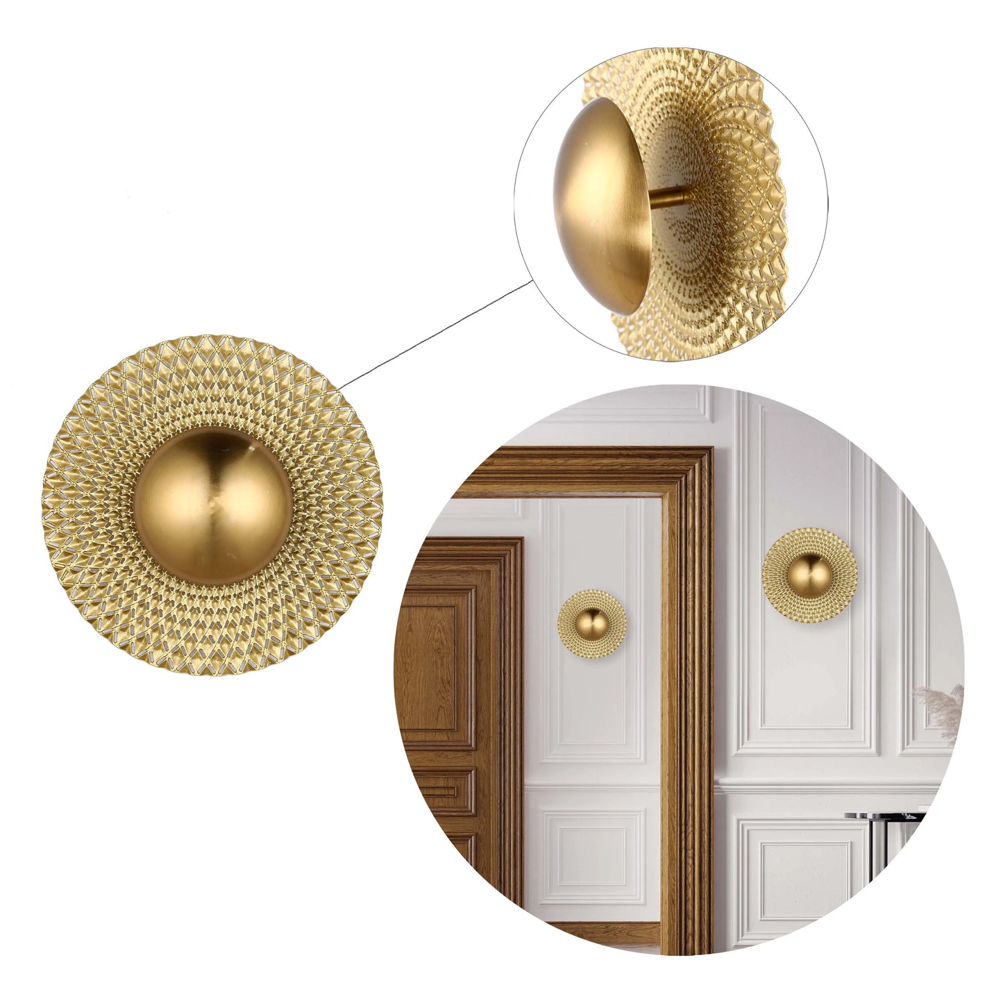 Gold coloured wall lights with a textured, geometric patterned finish.