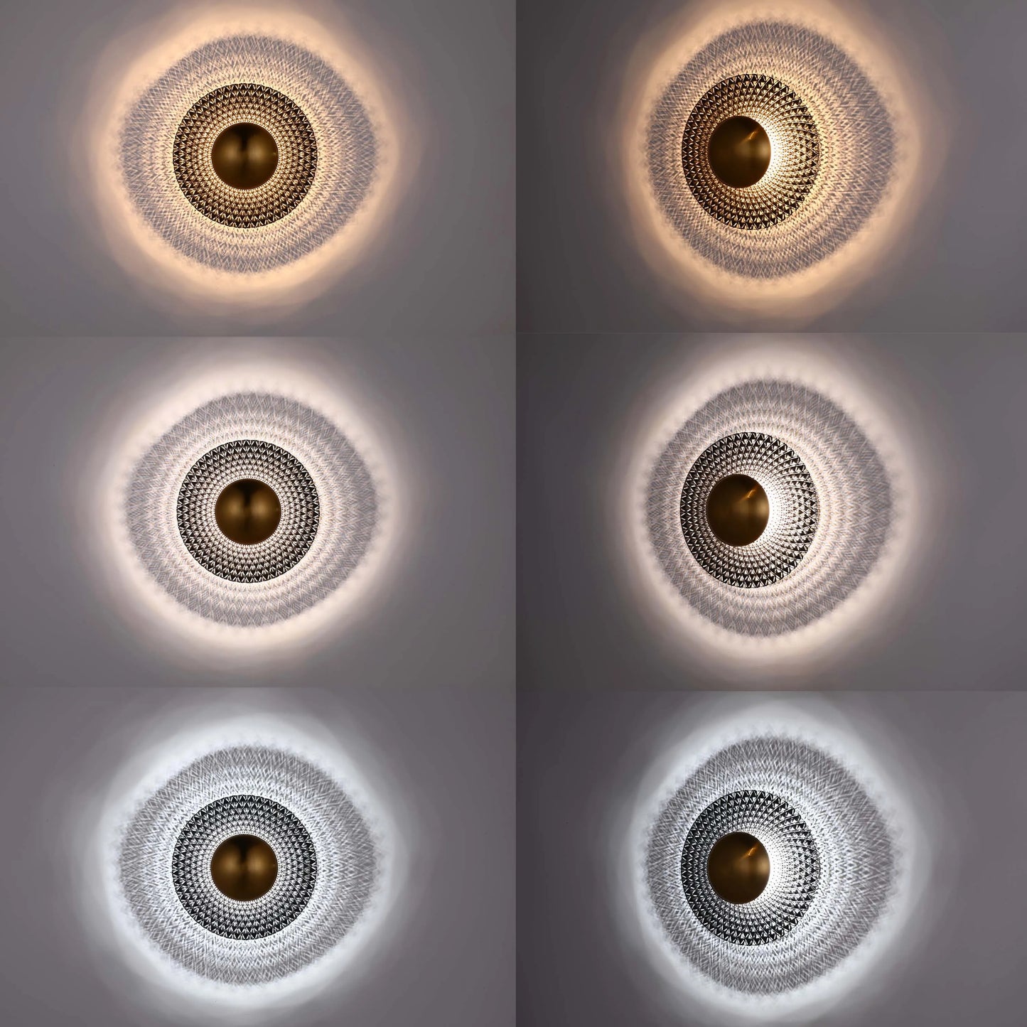Six variations of the same wall light, showing a unique light pattern created by the fixture in different colour temperatures.
