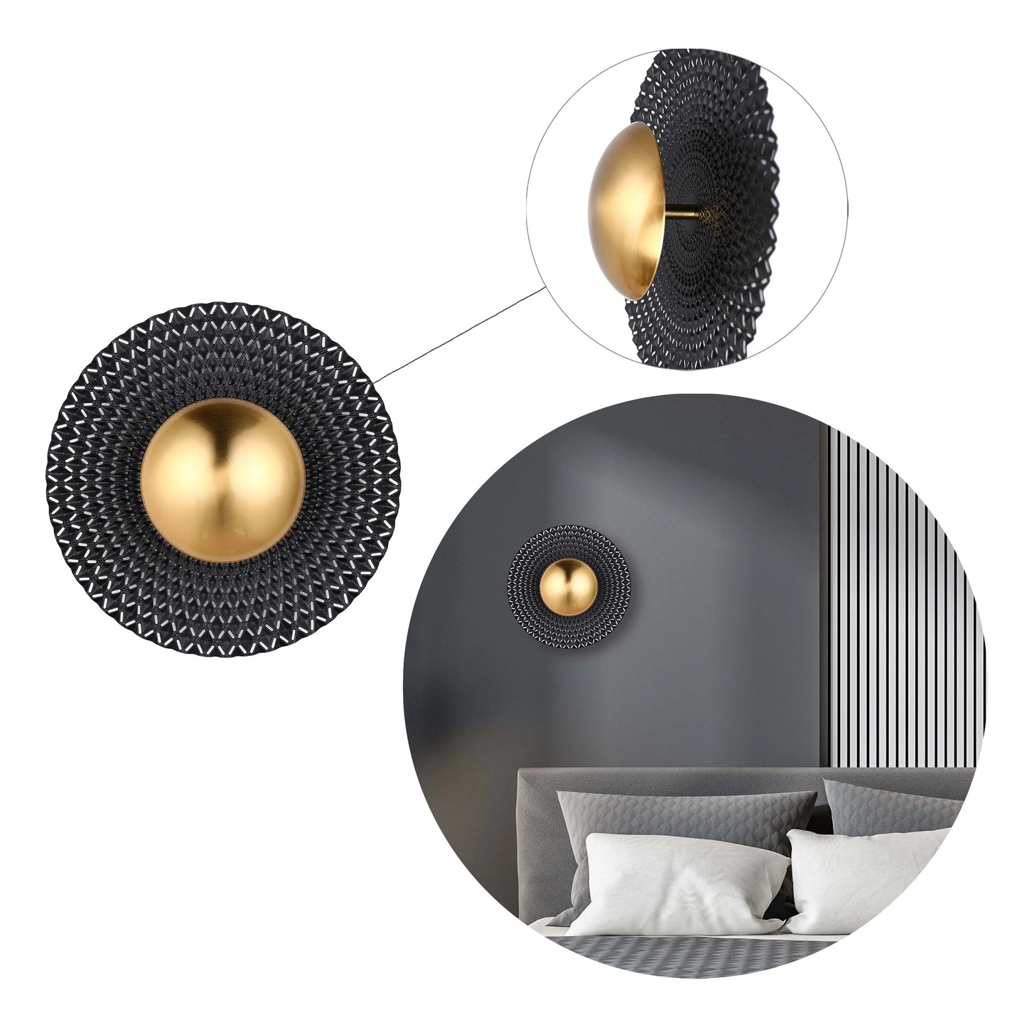 Close-up of a stylish gold and black wall light fixture in a bedroom setting, showcasing its unique design.