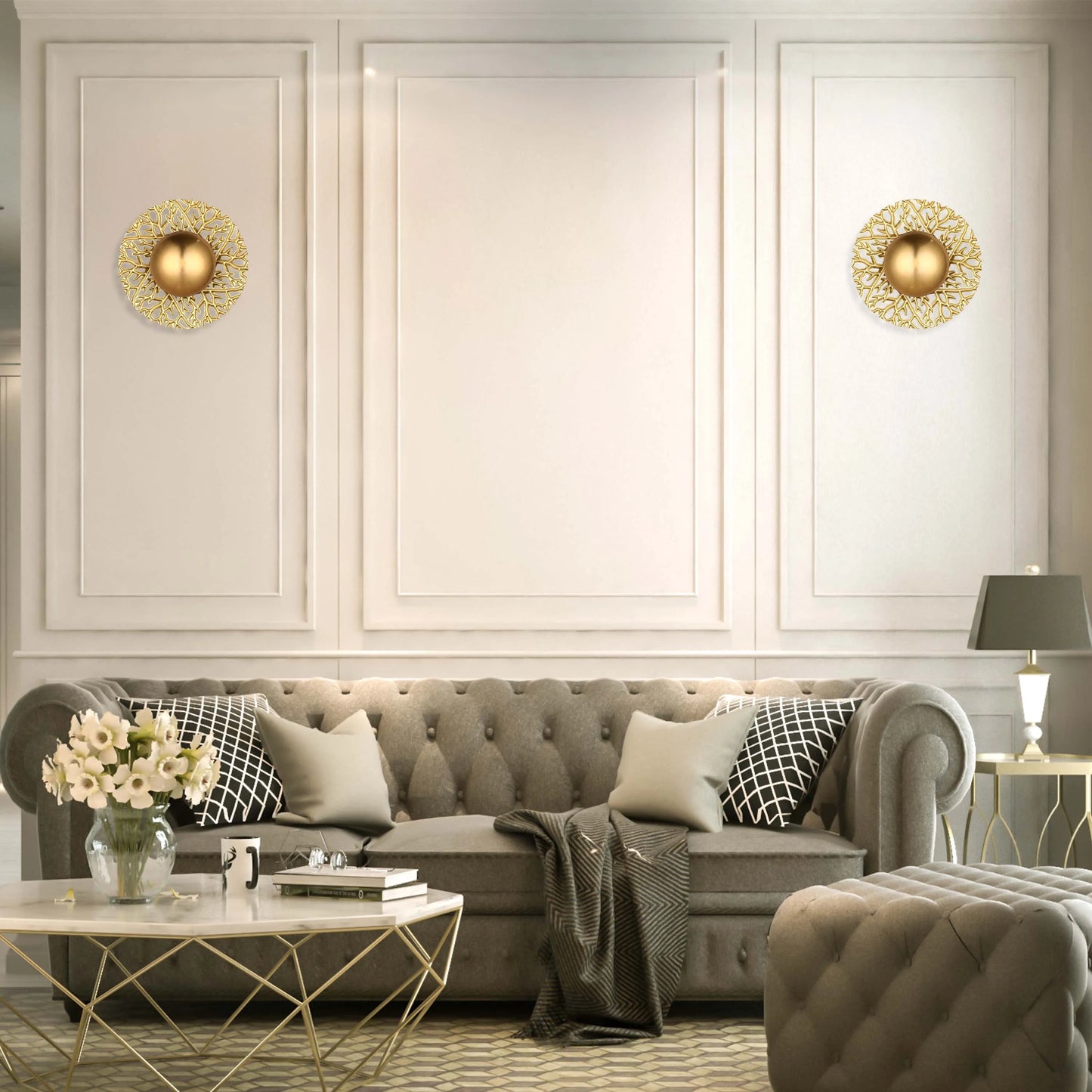 Luxurious sitting room with gold-accented wall lighting. A classy, elegant design for discerning customers.