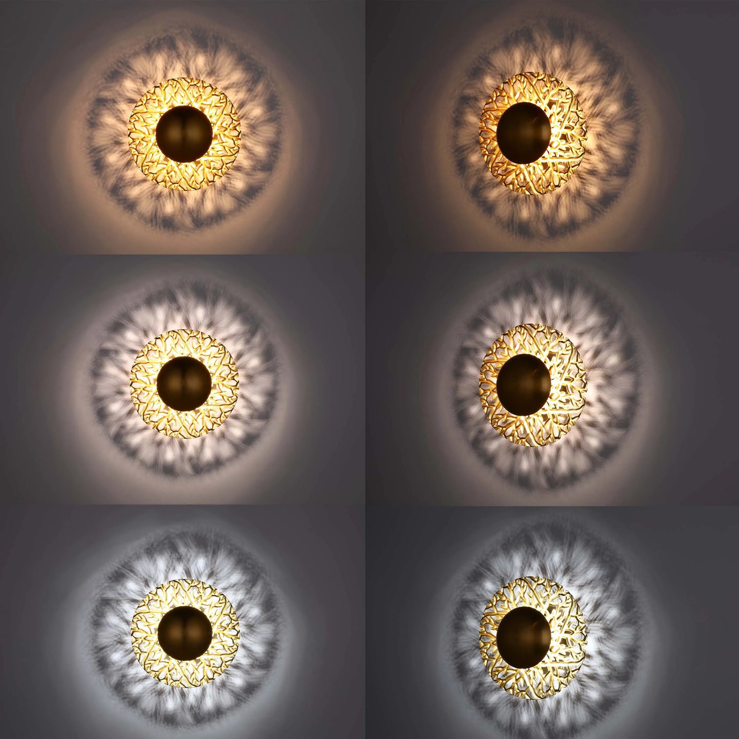 A modern wall light casts intricate shadows, showcasing a range of warm and cool tones, ideal for ambient illumination.