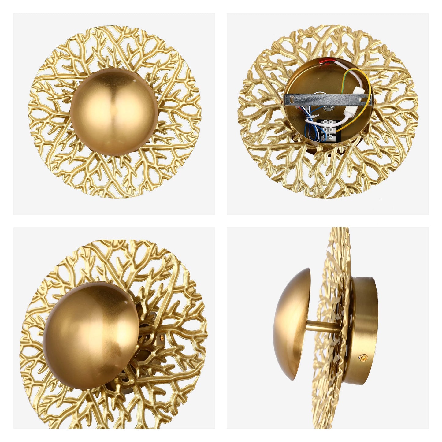 A modern gold wall light fixture with a circular coral design and a half-sphere shade. Unique and stylish lighting for a contemporary interior.