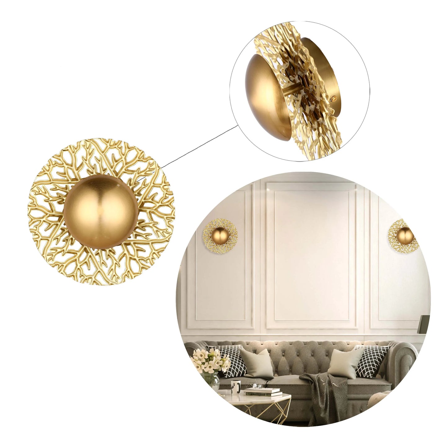 A gold wall sconce featuring a round central light surrounded by a decorative branch-like pattern.