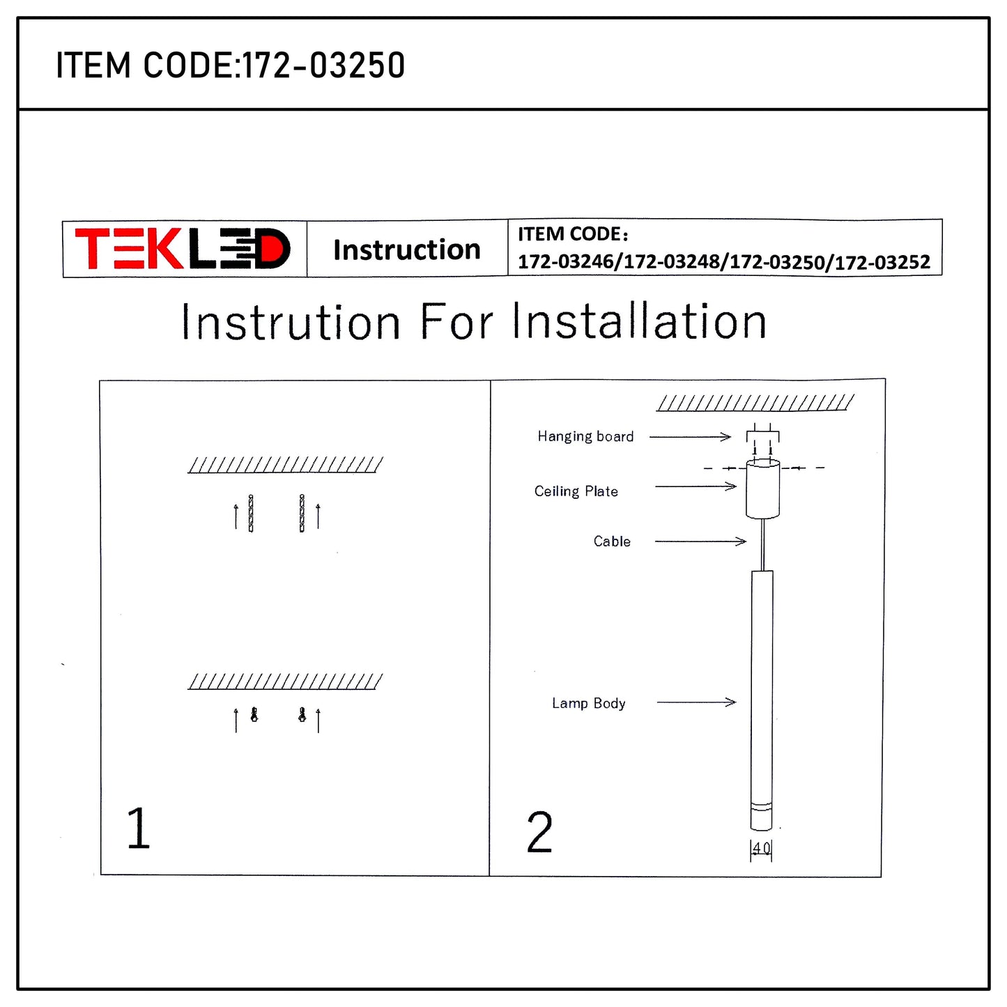 TEKLED lighting instructions for product codes 172-03246, 172-03248, 172-03250 and 172-03252.