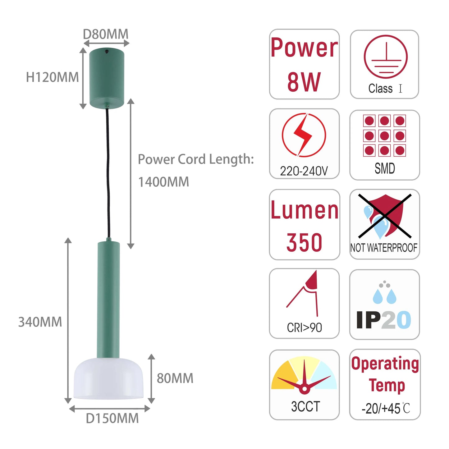 Stylish pendant light with dimensions and specifications for power, lumens, IP rating, and operating temperature.