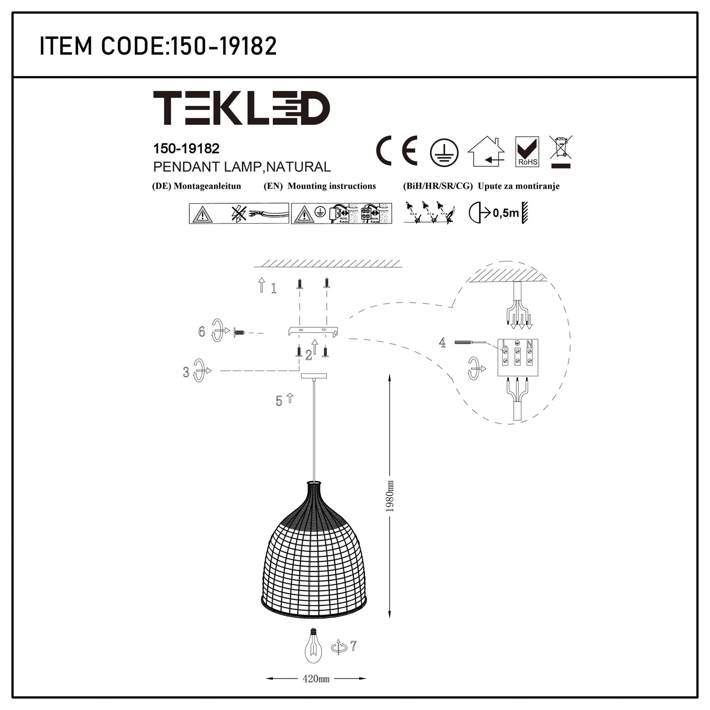 A line drawing of a pendant lamp with an instruction manual, featuring dimensions and mounting steps.