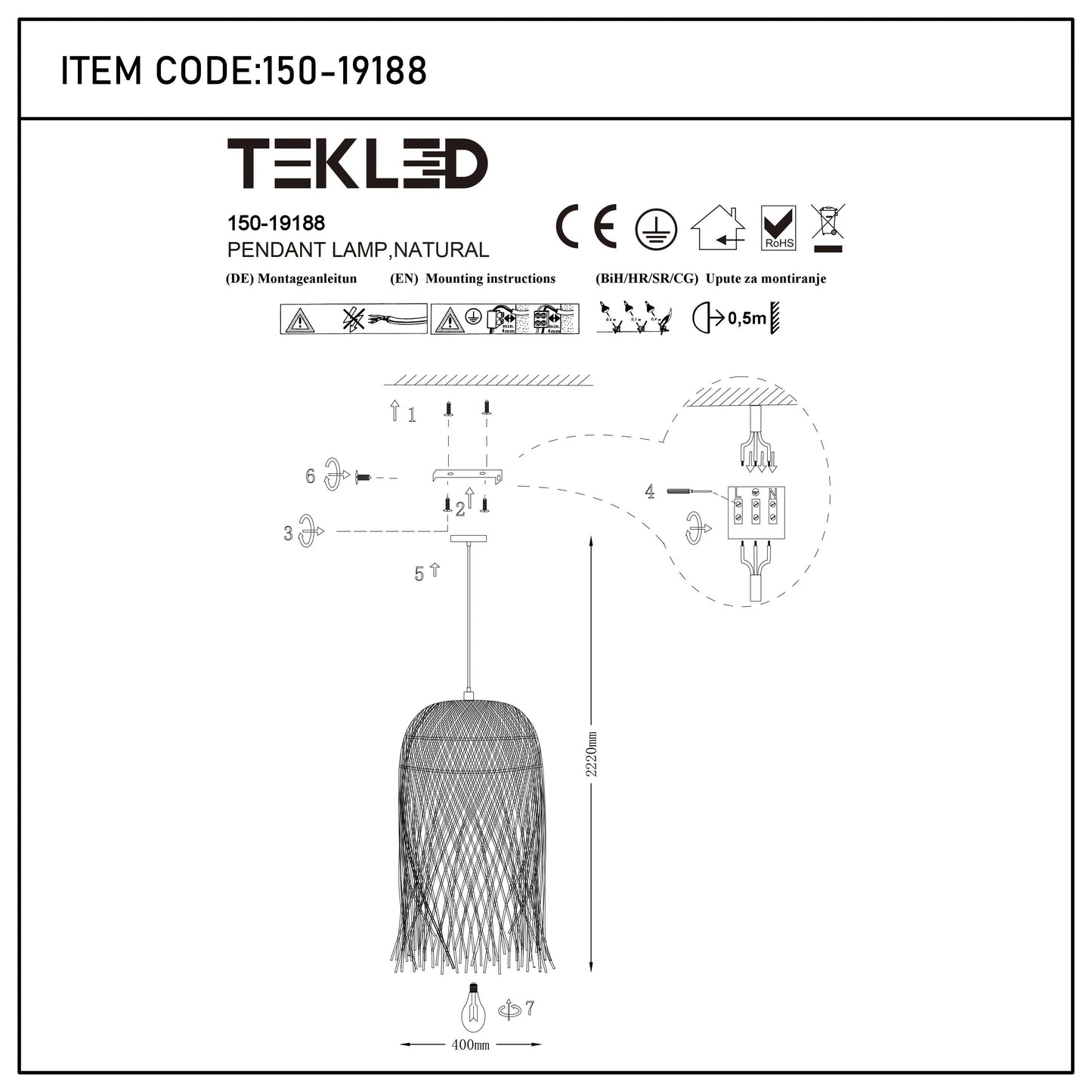 A pendant lamp with a natural woven shade. Assembly instructions included. Dimensions: 2220mm height, 400mm diameter.