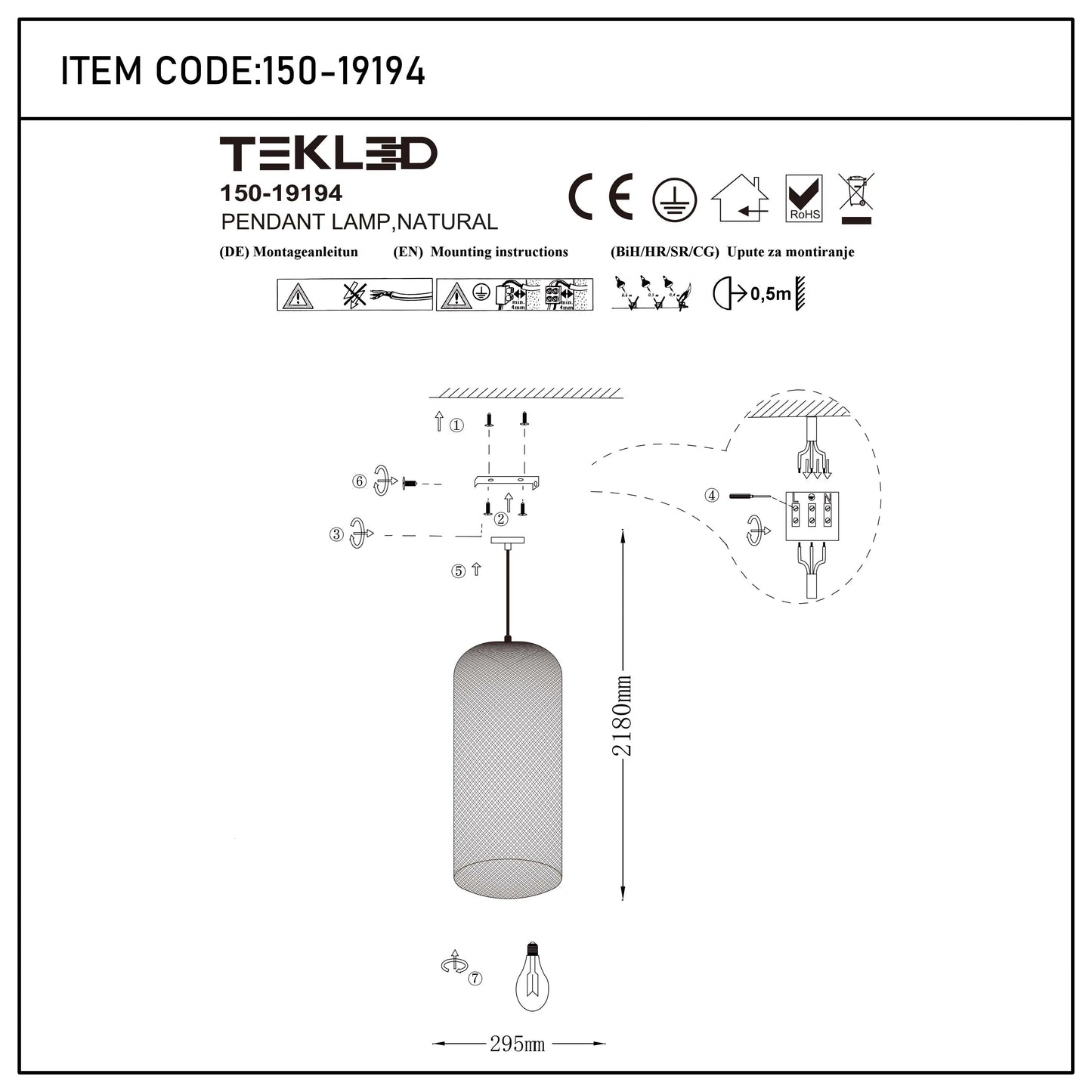 Pendant light installation diagram, showing ceiling mounting, wiring, and dimensions of 2180mm height and 295mm width.