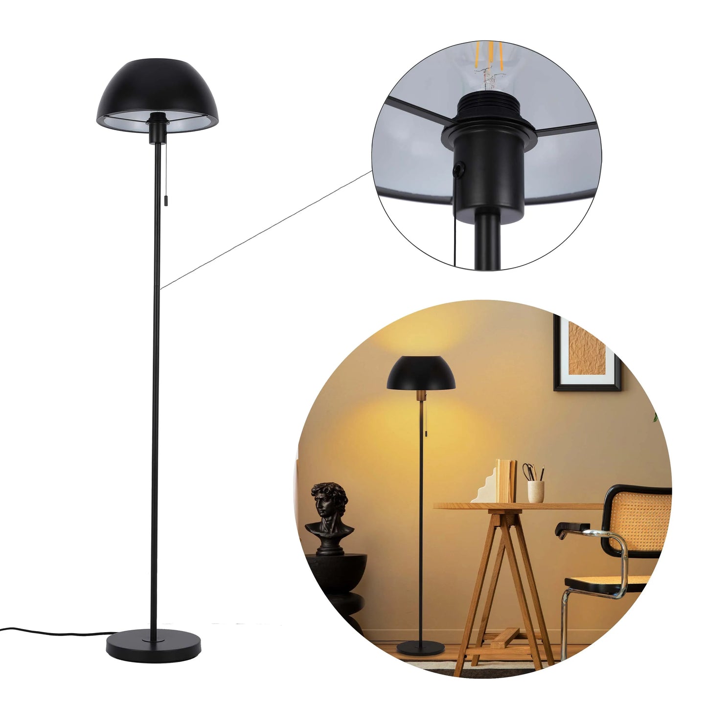 Modern Dome Floor Lamp – E27 Fitting, 1440mm Height, Pull Cord Switch