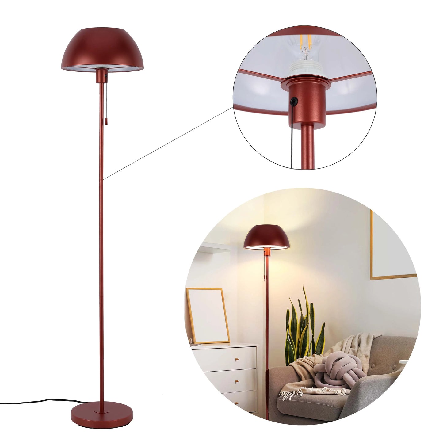 Modern Dome Floor Lamp – E27 Fitting, 1440mm Height, Pull Cord Switch