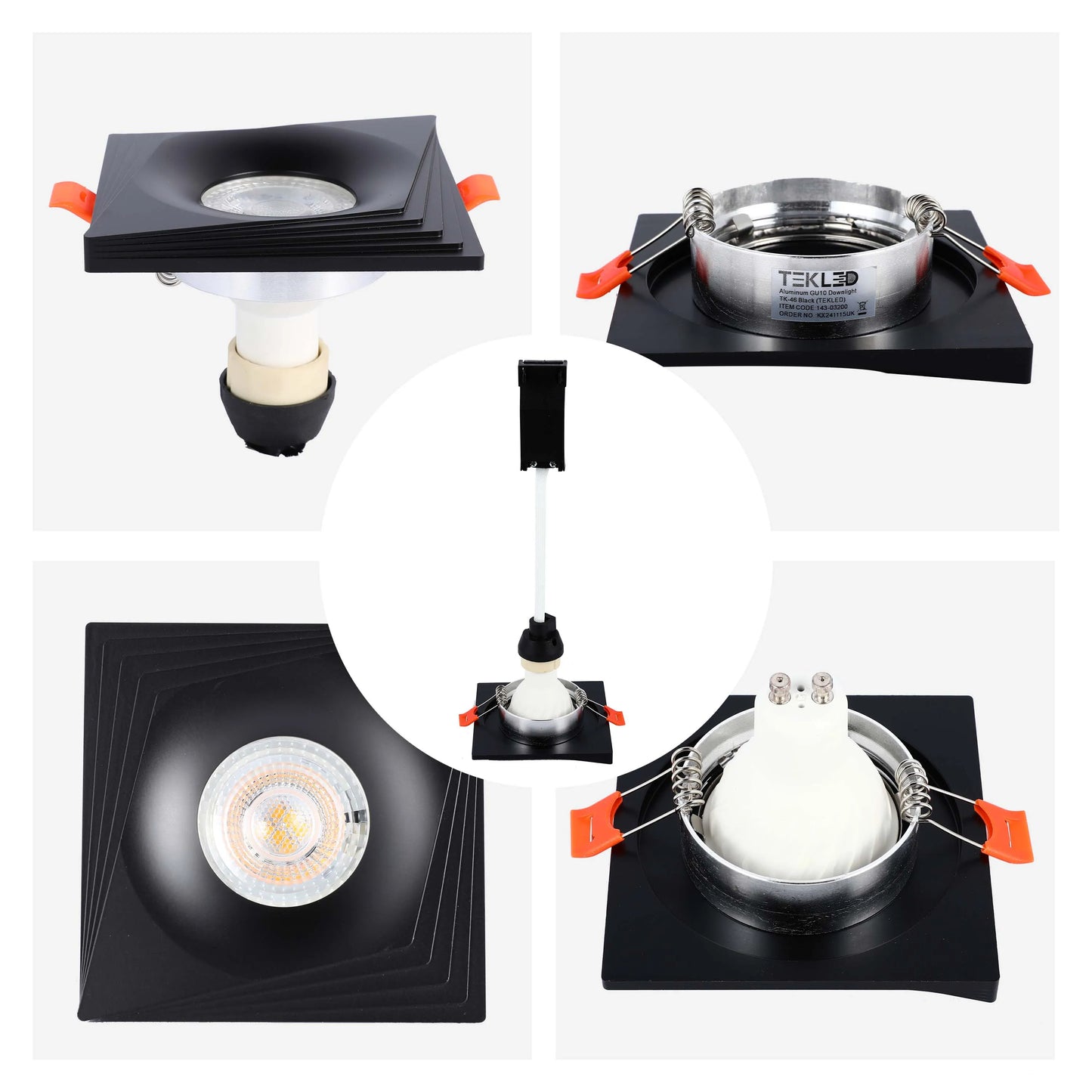 Square black downlight with a GU10 fitting, showcasing different installation stages. Sleek and modern lighting fixture.