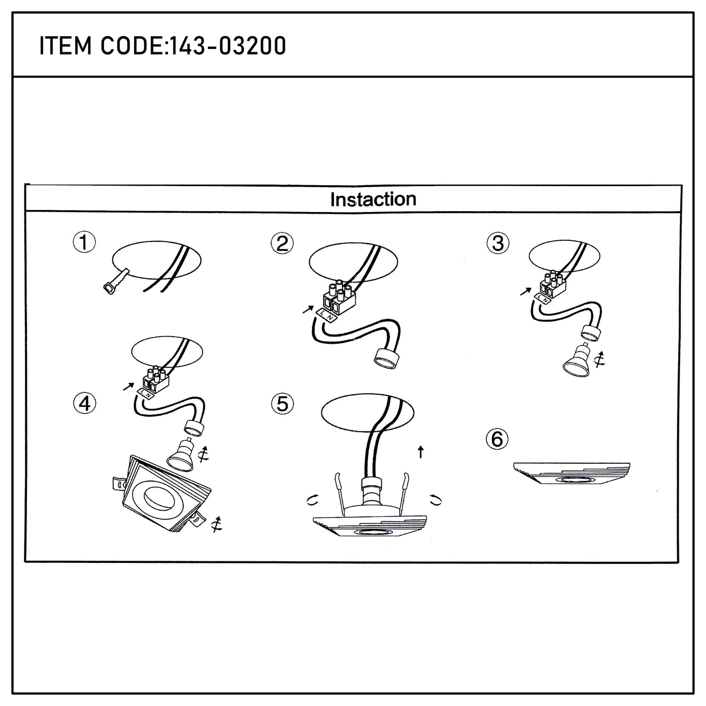 Installation steps for a recessed ceiling light. Diagram shows wiring, attaching a bulb, and fitting the light to the ceiling.
