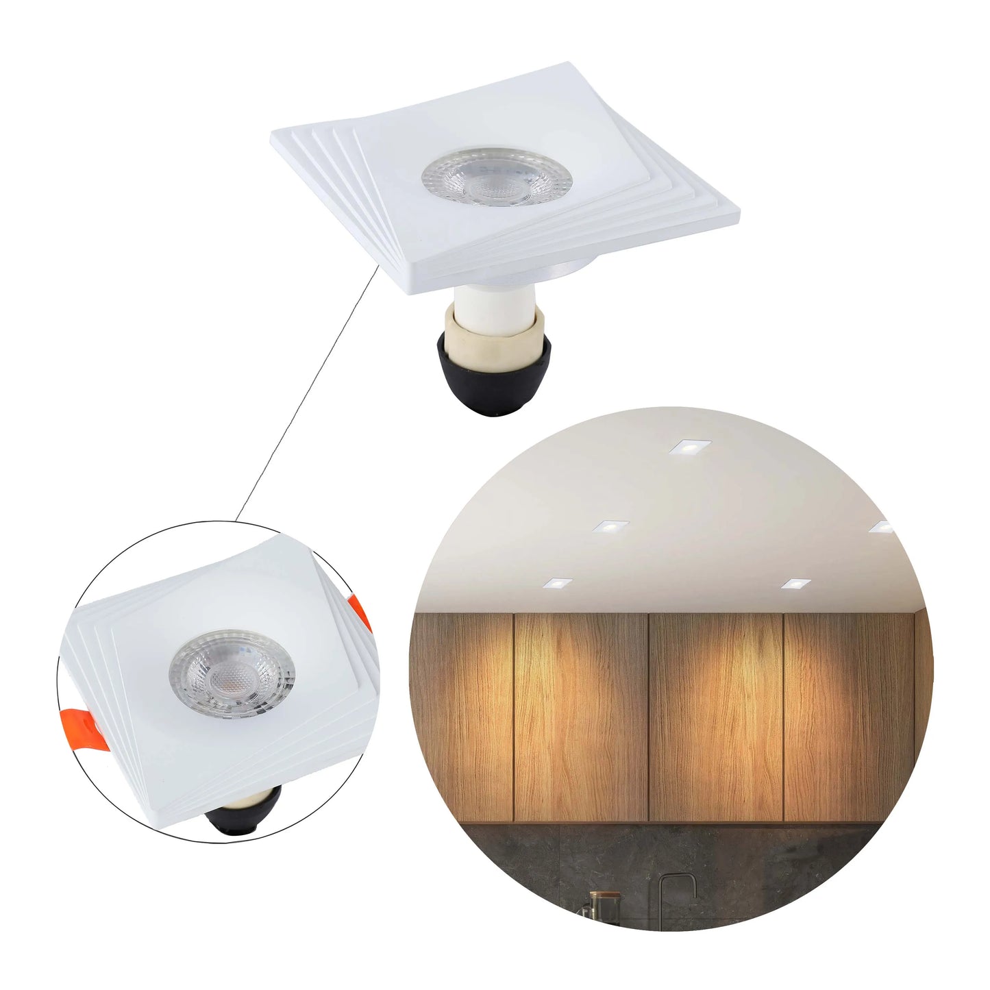 Square ceiling spotlight with recessed lamp, illuminating a modern kitchen. Available to buy online.