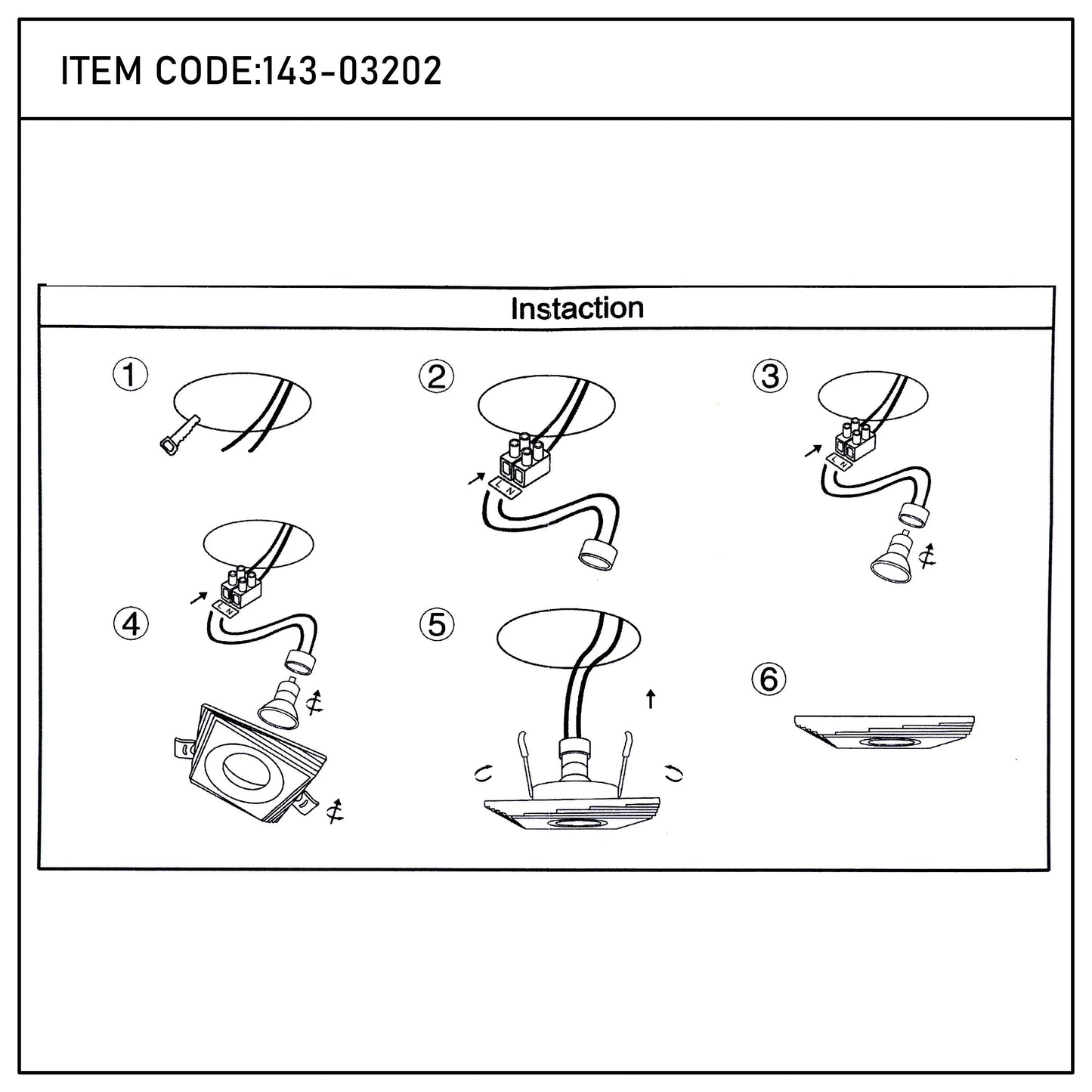 A lighting installation diagram shows the steps to connect electrical wiring and install ceiling lights, labelled 1-6.