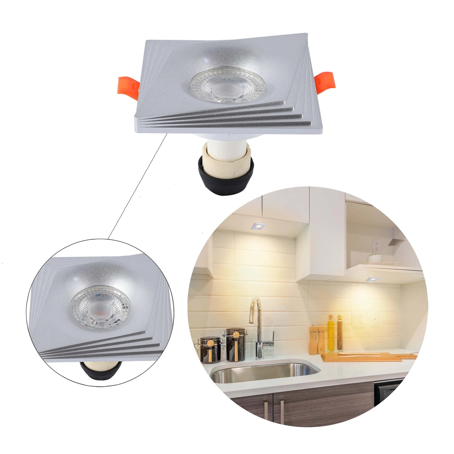 A silver recessed downlight is shown, with a spotlight in a kitchen setting. Modern and energy-efficient.