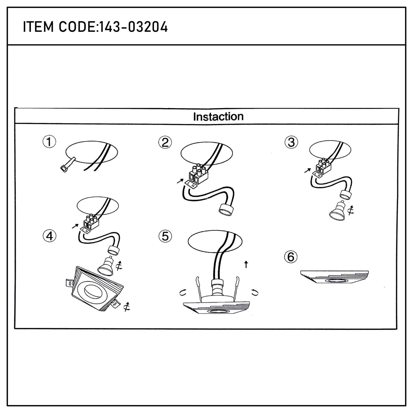 A ceiling light installation guide, showing each step to safely fit a modern downlight into a ceiling.