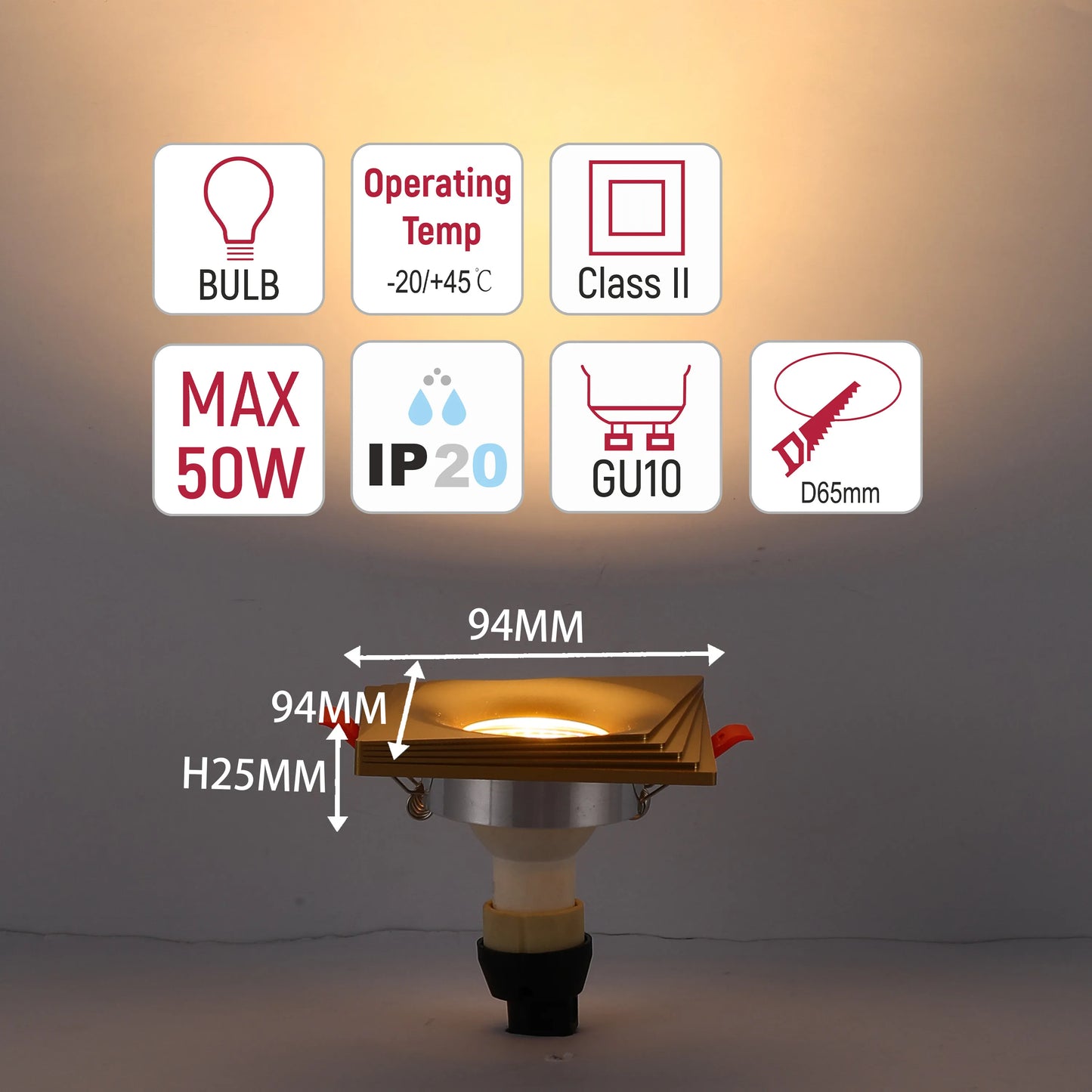 Recessed spotlight with technical specs: 50W, IP20, GU10, D65mm cut-out, 94mm face. Ideal for creating focused illumination.