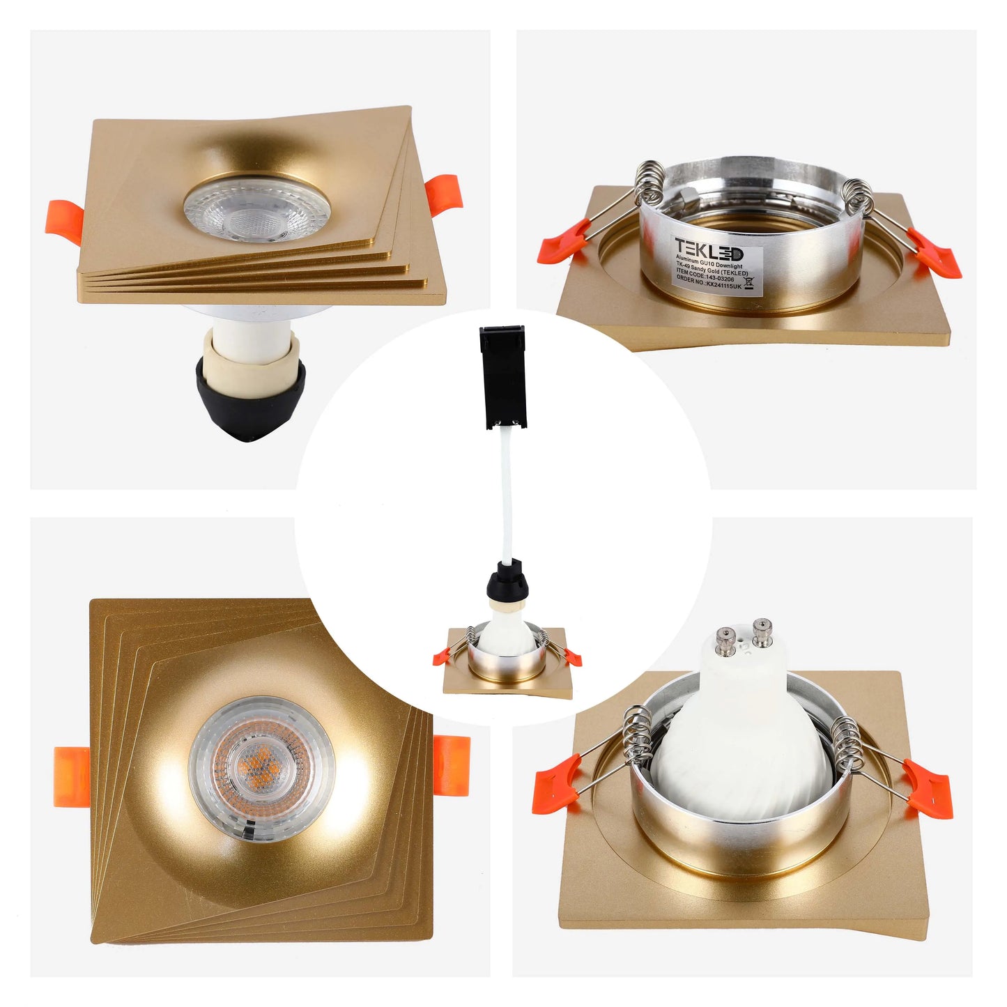A stylish, sandy gold, aluminium downlight. The square fixture features an adjustable lamp fitting for GU10 bulbs.