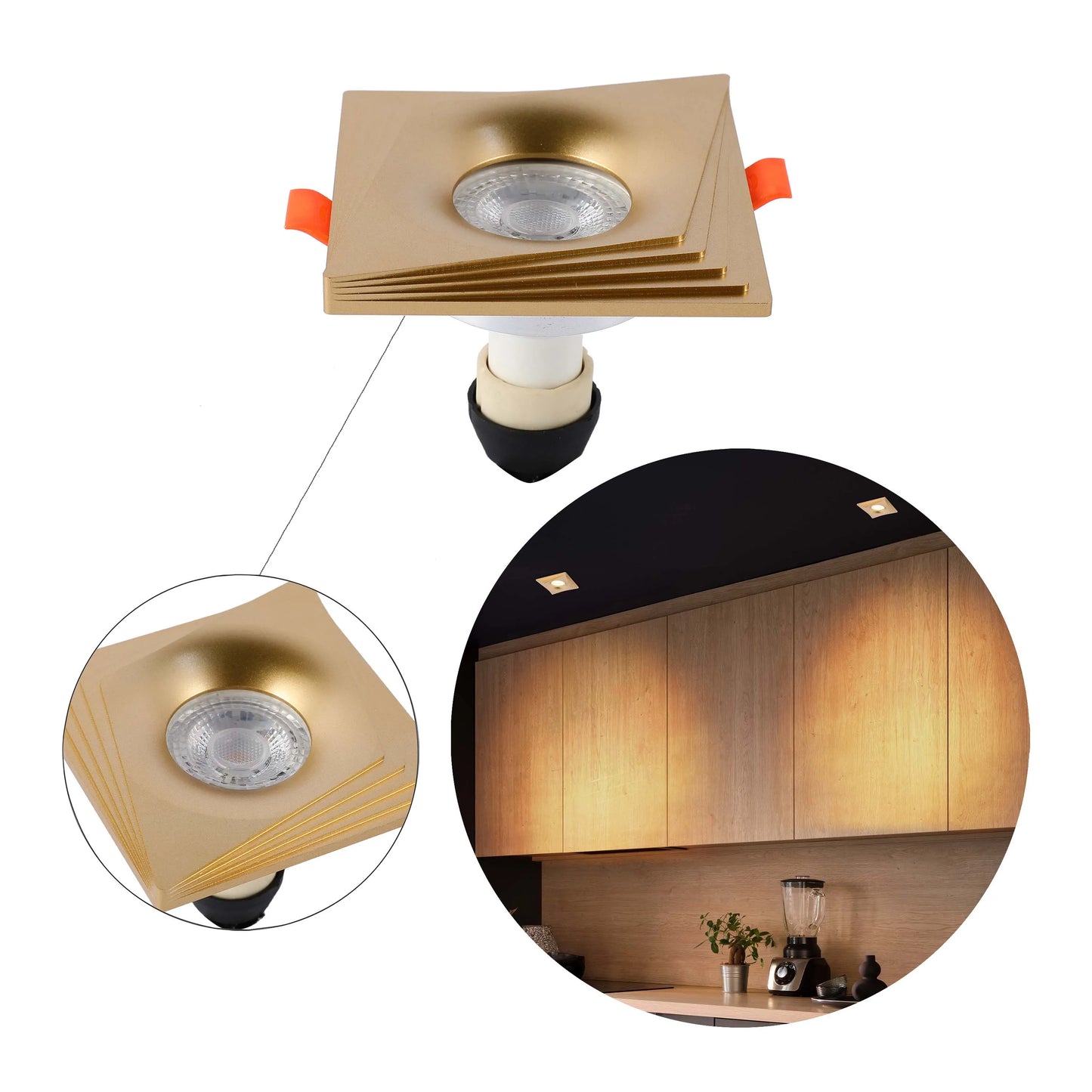 A gold-toned square downlight is shown, as well as an installation of similar downlights in a contemporary kitchen.