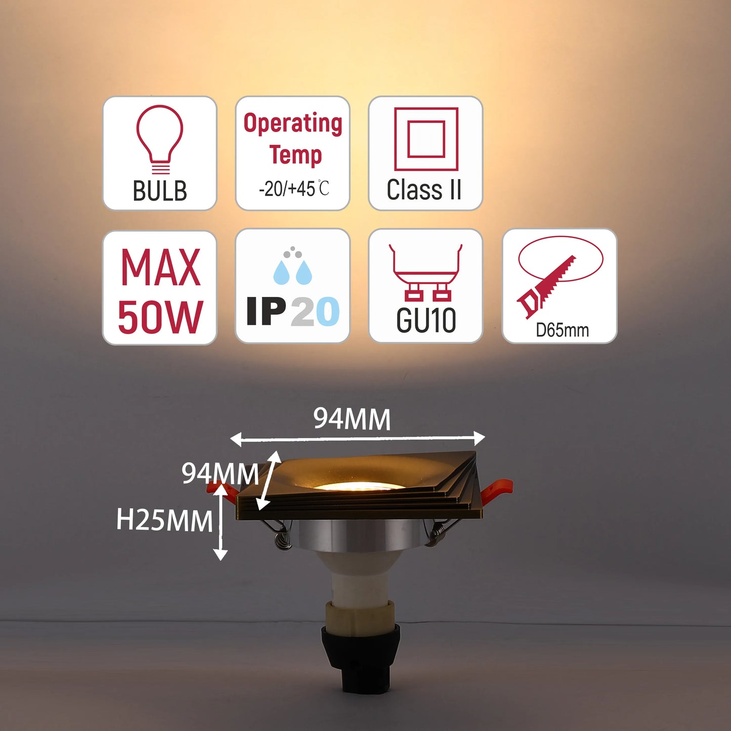 A recessed downlight is displayed showing dimensions and technical specifications.