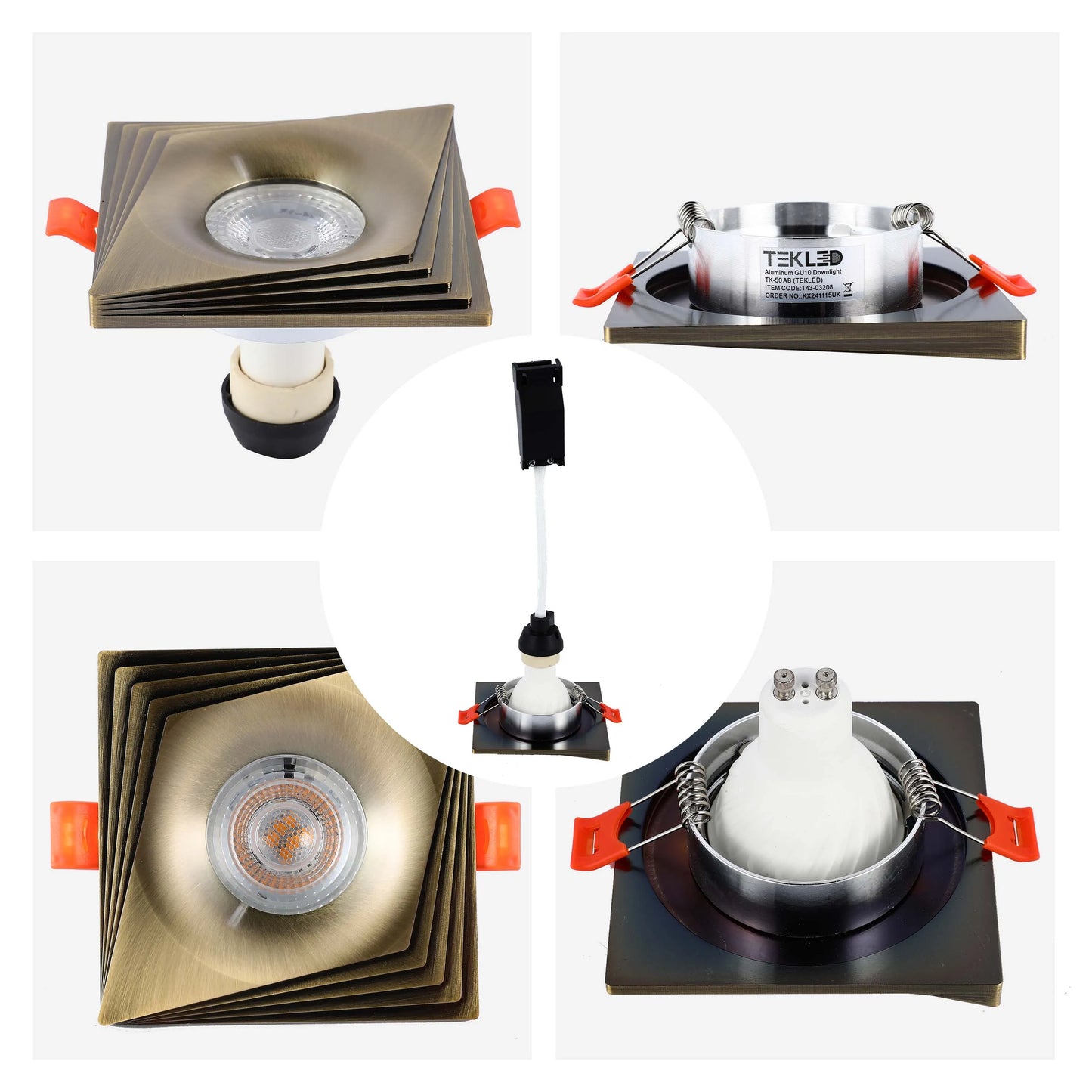 A selection of square downlights, featuring an antique brass finish with a variety of LED bulb styles.
