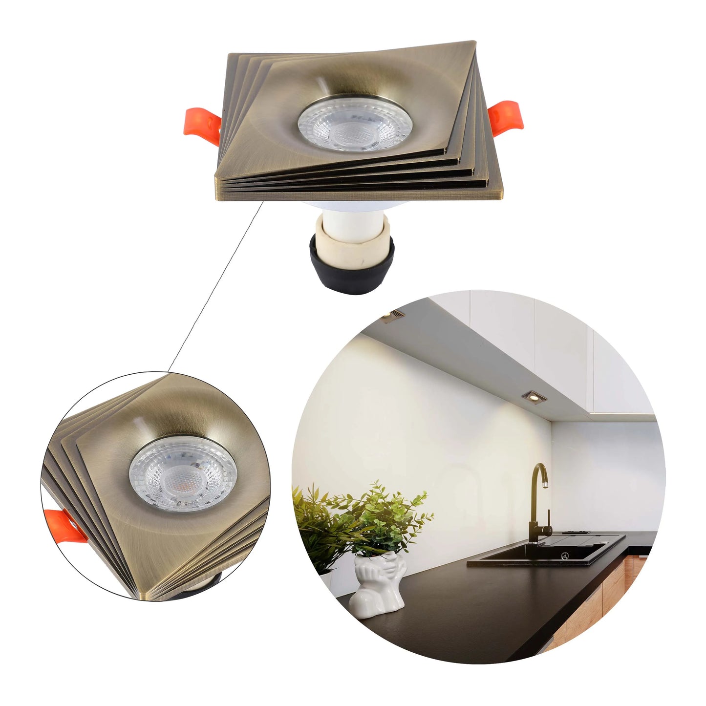 Stylish square recessed downlight in a bronze finish with a ribbed bezel design. Perfect for modern kitchens and living spaces.