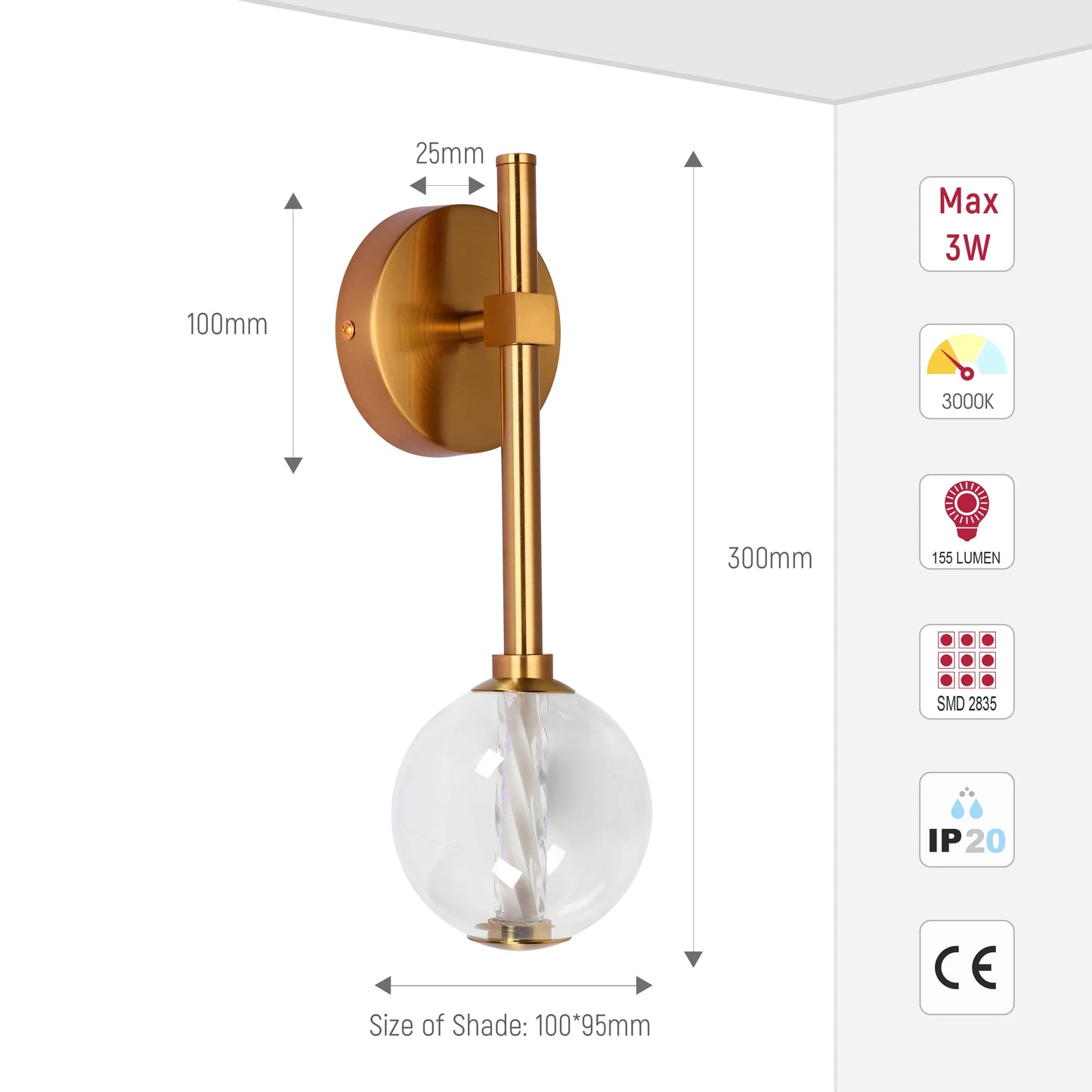 A gold-toned wall light with a spherical glass shade. Includes dimensions and specs such as 3W max, 3000K, and 155 lumen.