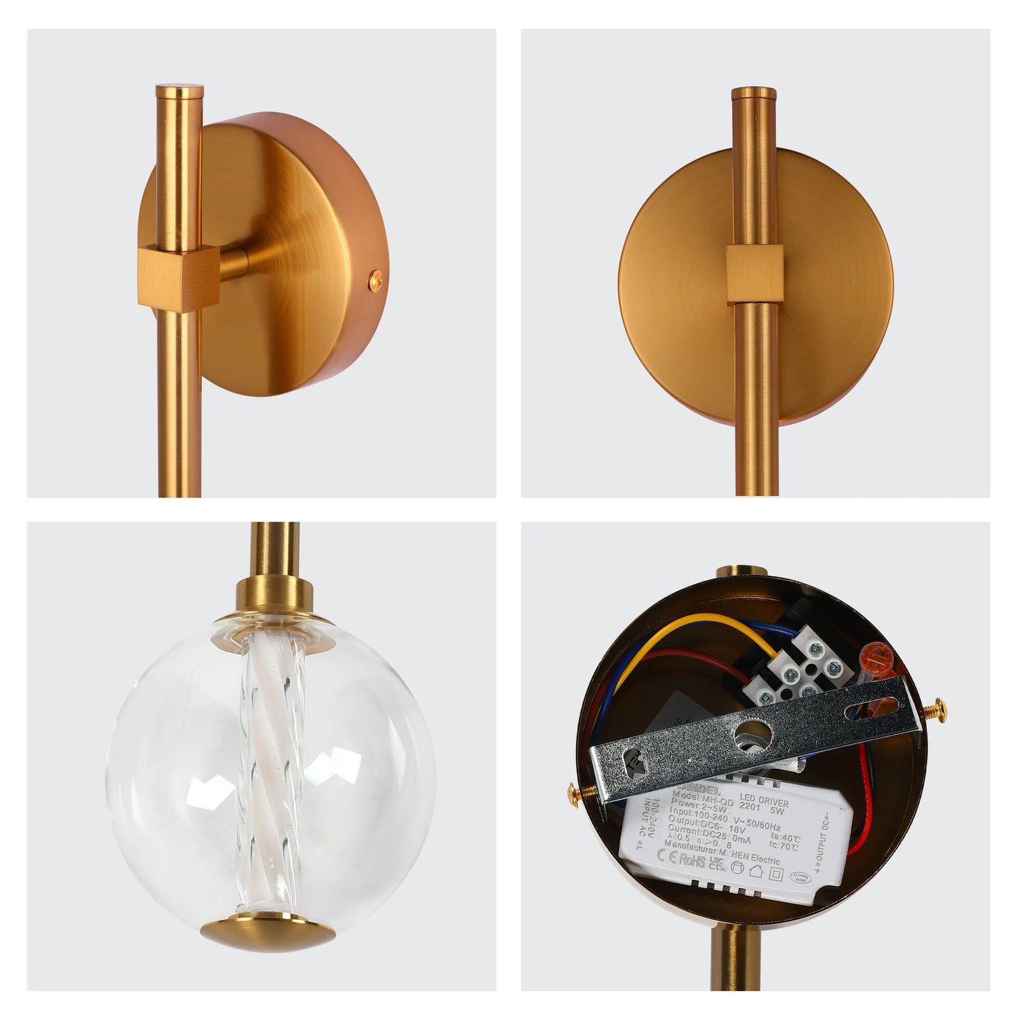 A modern gold wall light with a glass globe lampshade, showcasing its design and internal components.