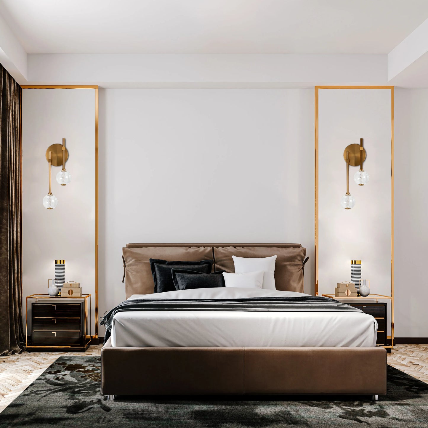 Contemporary bedroom lighting: wall sconces with globe shades flank a lux brown leather bed and minimalist side tables.
