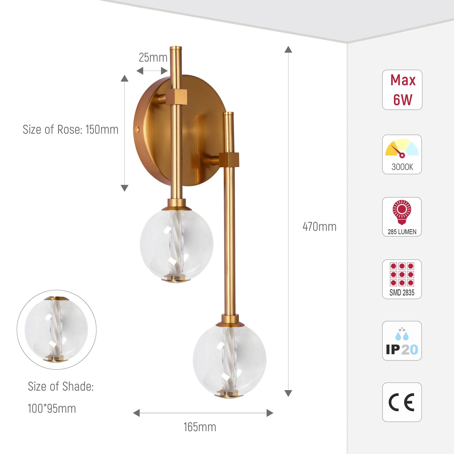 A modern, decorative gold wall light with two round glass shades. Technical specifications include wattage, lumens, and colour temperature.