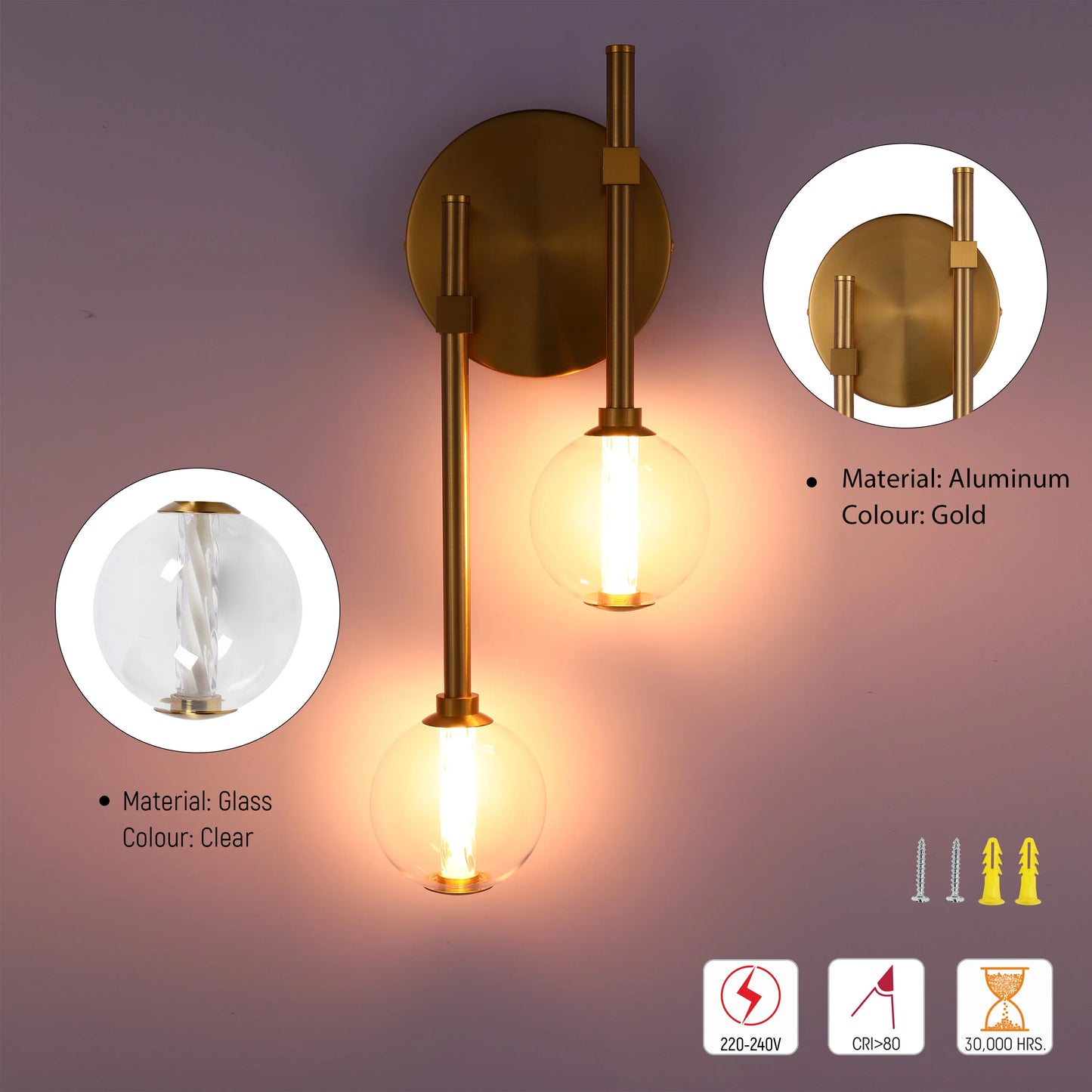 Contemporary wall light with gold finish, two clear glass globes, and energy-efficient bulbs. Includes screws and wall plugs.