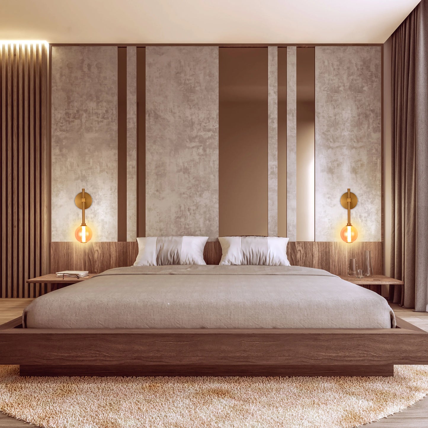 Contemporary bedroom lighting. Warm bedside globe lights illuminate the modern design, complemented by subtle ambient background lights.
