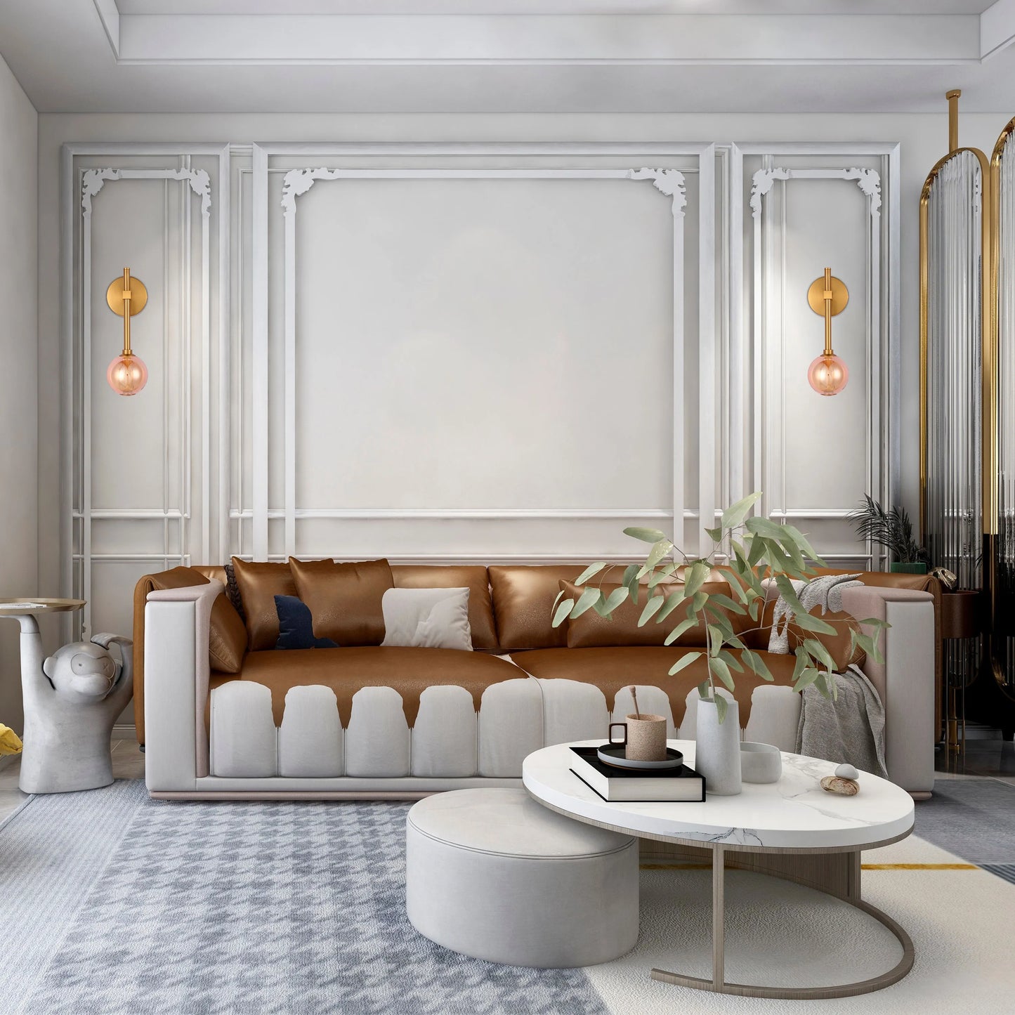 Ornate, traditional-style living room with two wall-mounted sconces featuring gold fixtures and peach-coloured glass globes.