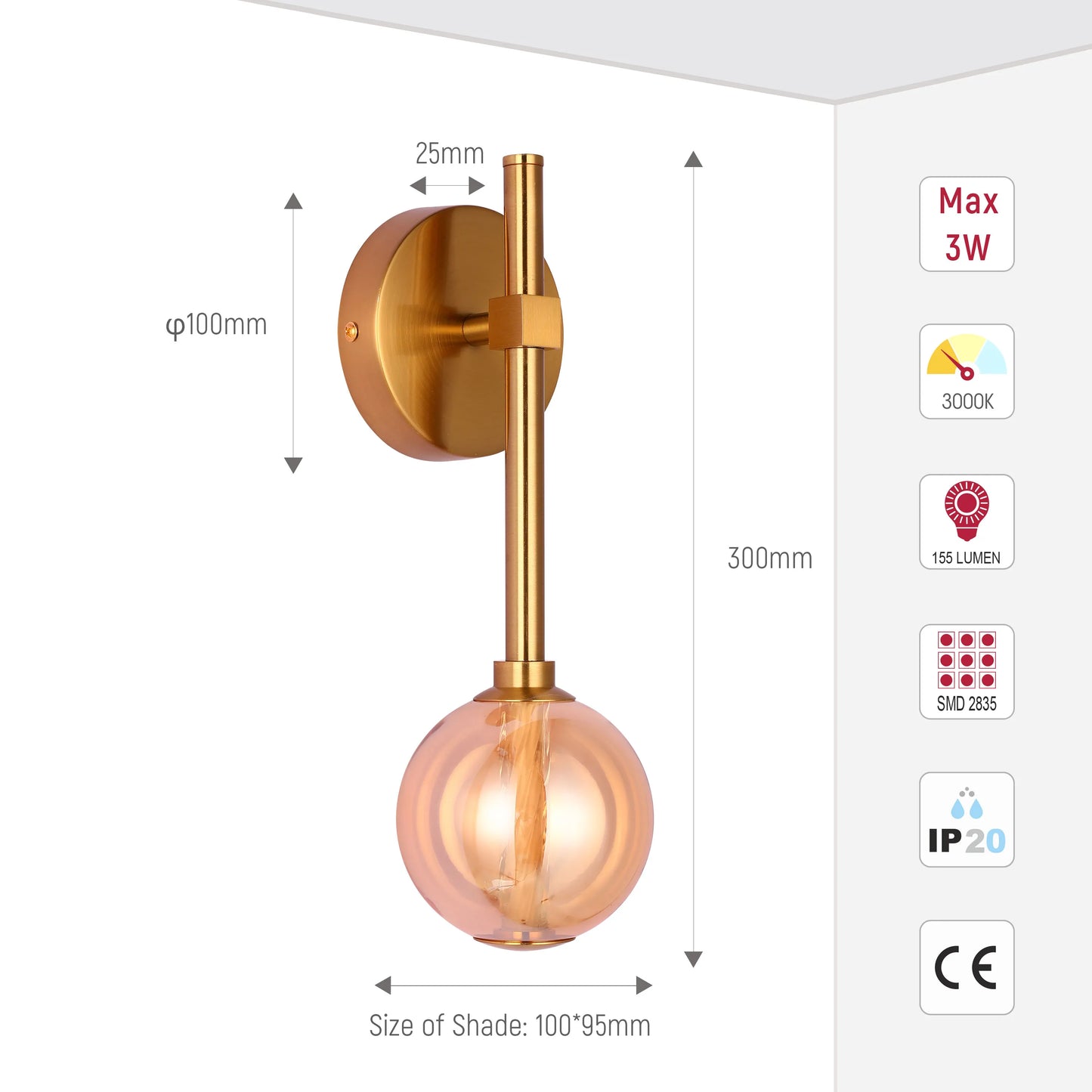Stylish gold wall light with a peach coloured, glass orb shade. Dimensions are shown on the product information graphic.