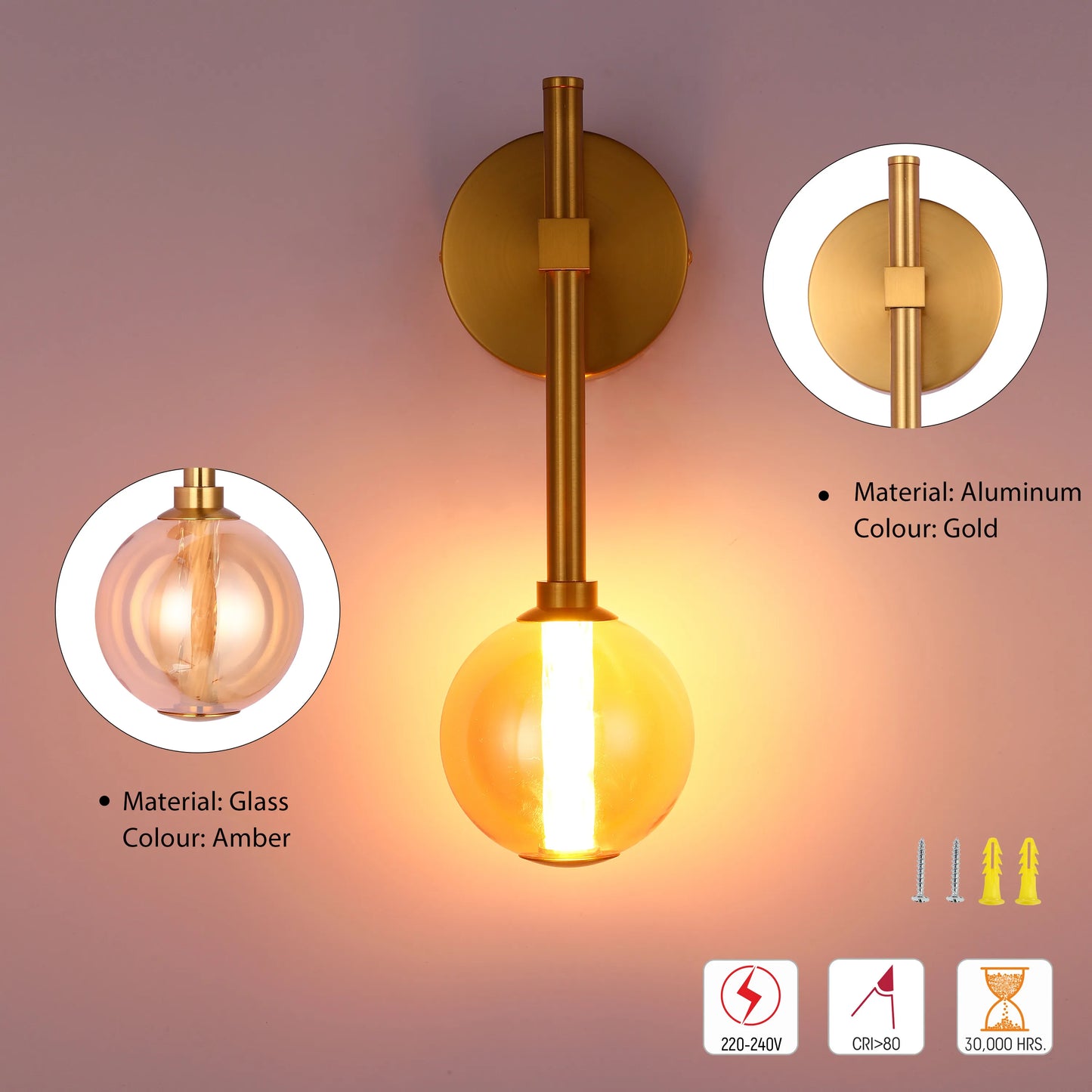 A modern wall light, with a gold aluminium fixture and an amber glass globe, emitting a warm glow. Includes screws and fixings.