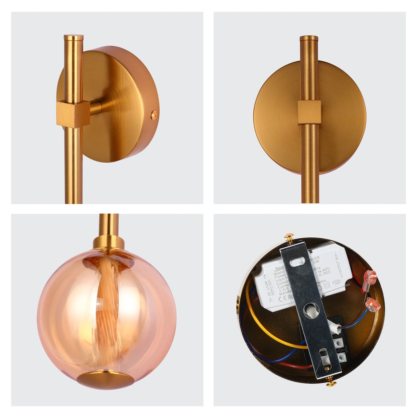 A stylish gold wall light with a warm amber glass shade. A modern and elegant lighting fixture for any room.