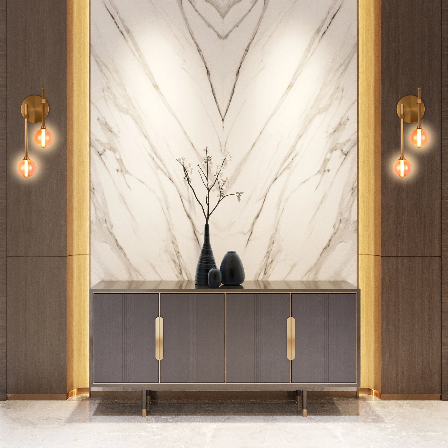 Stylish wall-mounted sconces on either side of a marble panel, emitting a warm, orange glow in a modern, luxurious setting.