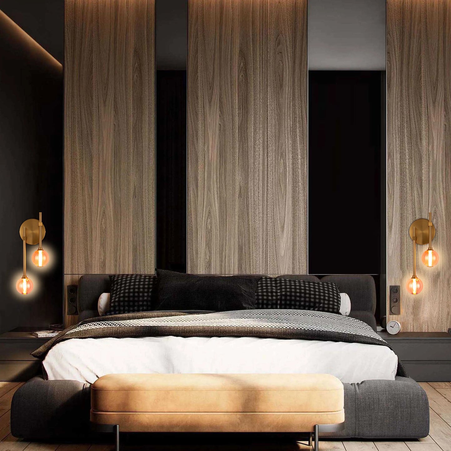 Modern bedroom lighting features two stylish sconces with exposed bulbs, emanating a warm glow on either side of the bed.
