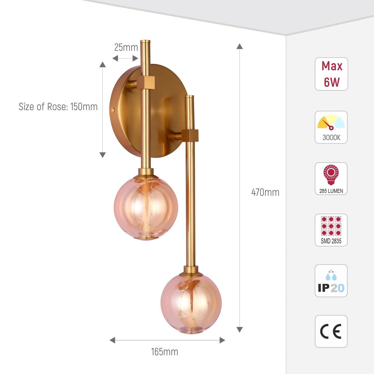 A modern gold-effect wall light with two rose-tinted glass globes and various dimensions noted on the diagram.
