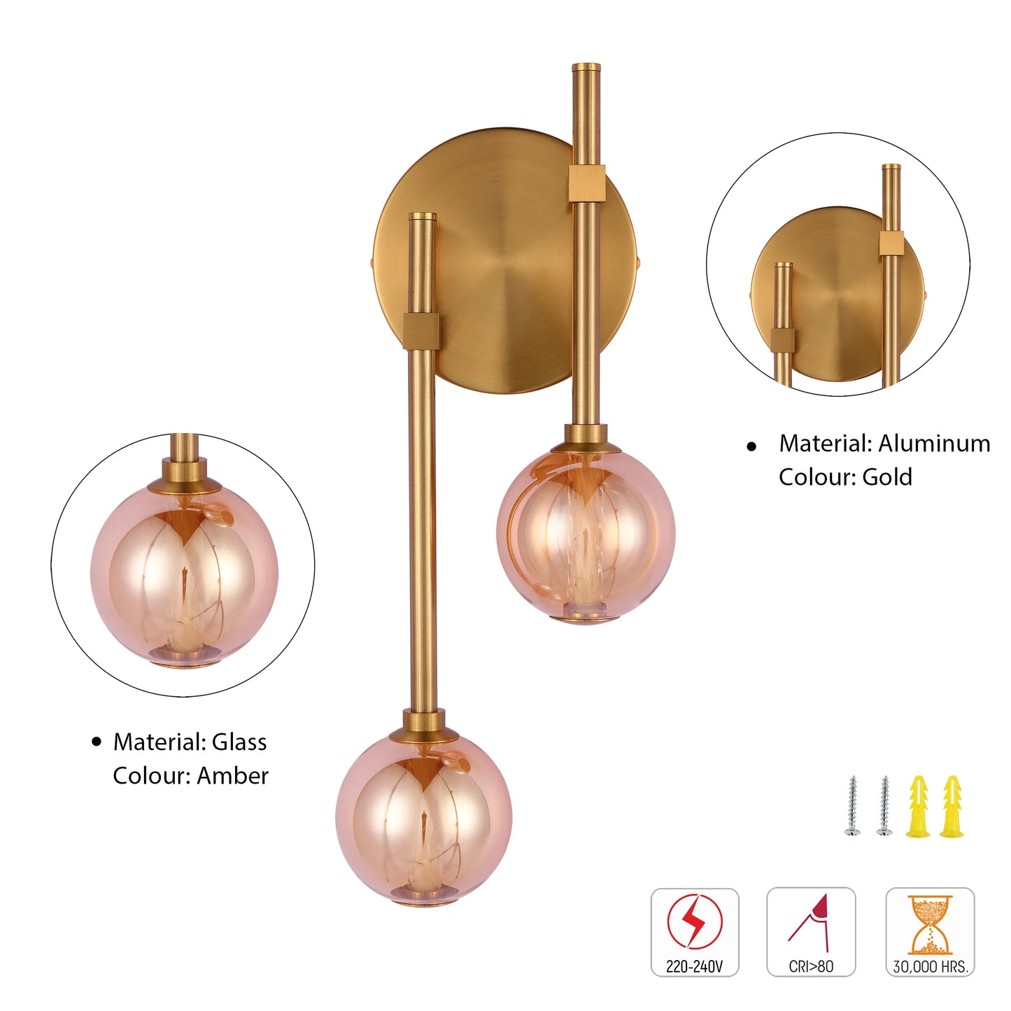 A modern, gold wall light with two amber glass shades, adding a touch of elegance to any interior space.