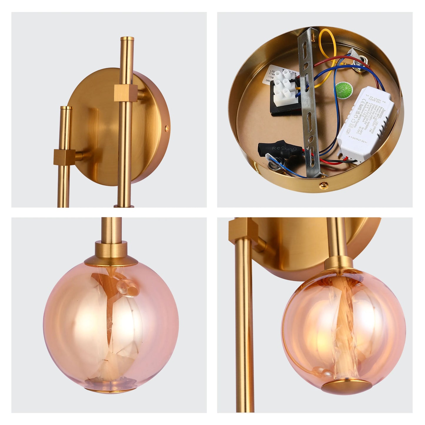 A modern wall light with a gold finish and an amber glass globe. It has a sleek, minimalist design.