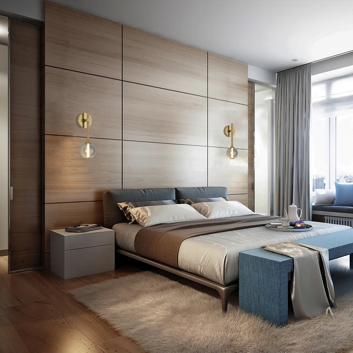 Bedroom lighting features elegant wall sconces with golden arms and spherical glass shades, adding a warm glow to the modern space.