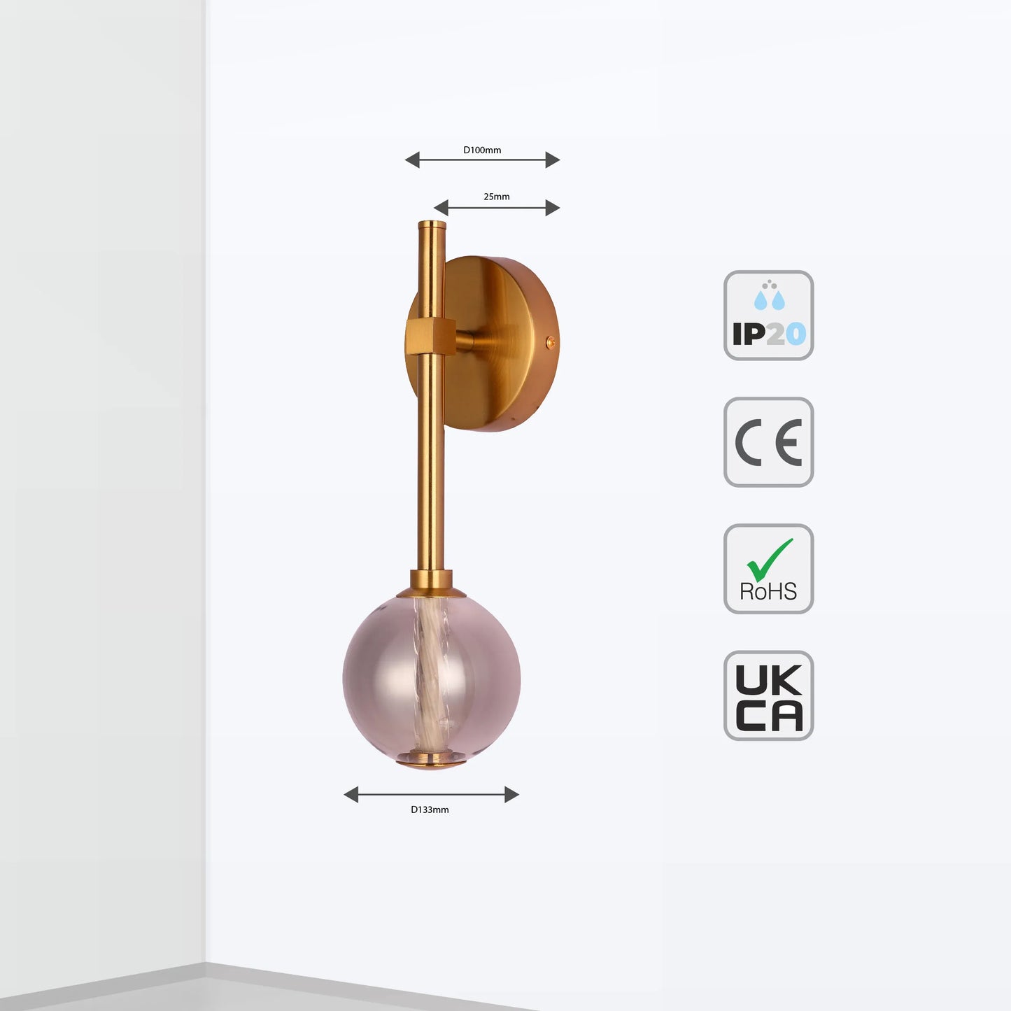 Stylish wall light with a gold finish and a decorative pink glass globe. IP20, CE, RoHS and UKCA approved.