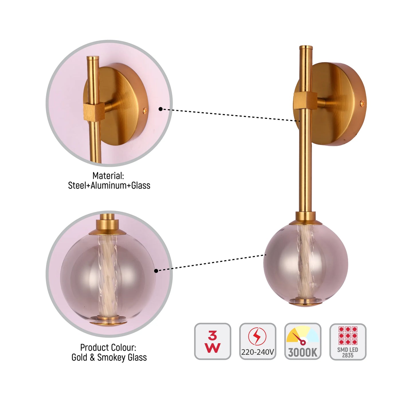 Gold and smokey glass wall light. Steel, aluminum and glass construction, with 3W LED, 220-240V, 3000K SMD LED 2835.